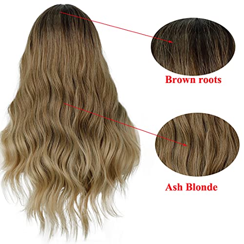 Long Straight Ombre Brown Wig with Middle Part - Natural Looking Synthetic Hair for Daily Wear & Cosplay