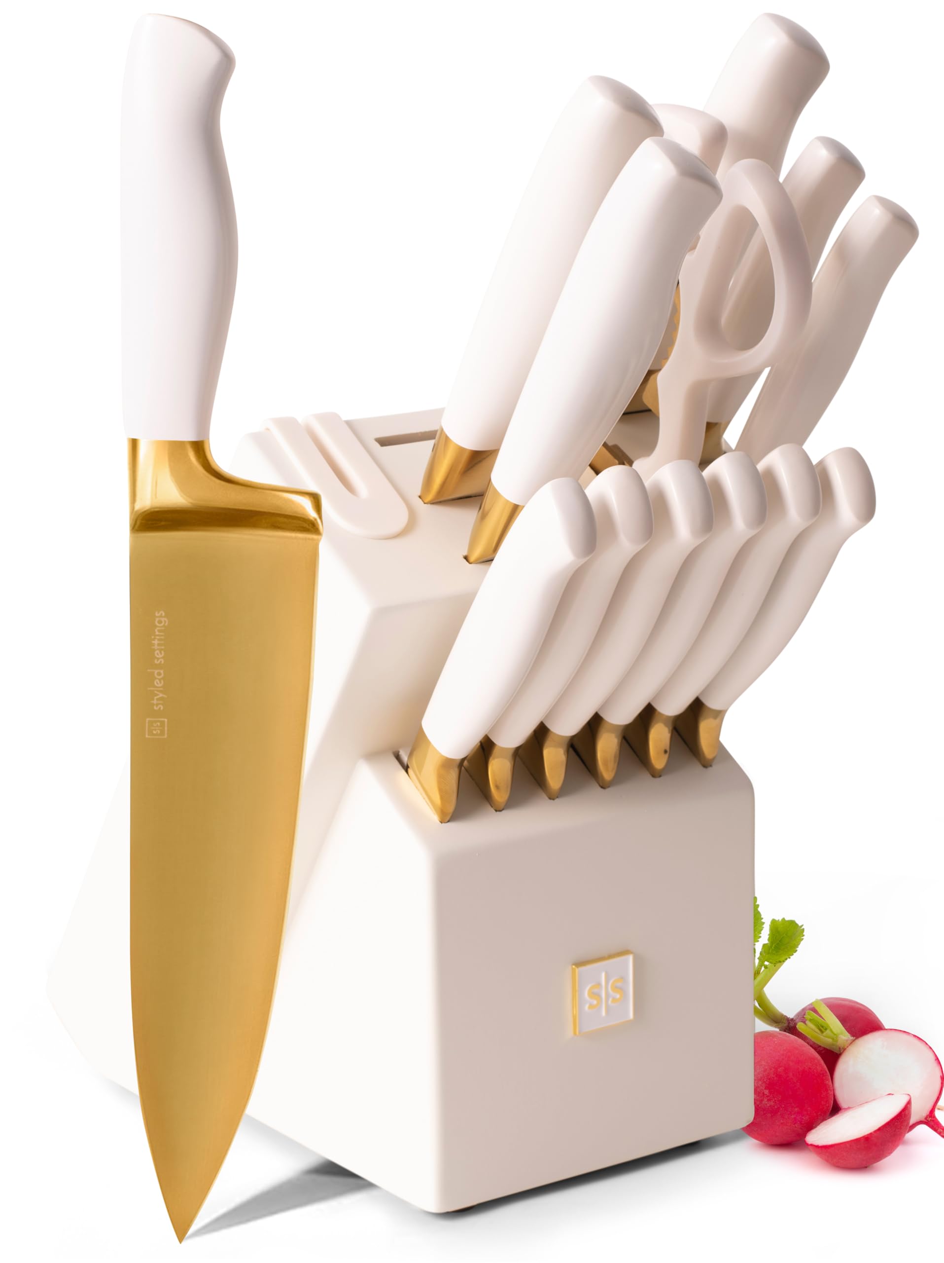 Premium 14-Piece Titanium Coated Gold Kitchen Knife Set with Self-Sharpening Block - Luxury Stainless Steel Knives with White Storage Block - Perfect for Home Chefs, Wedding Gifts & Kitchen Decor