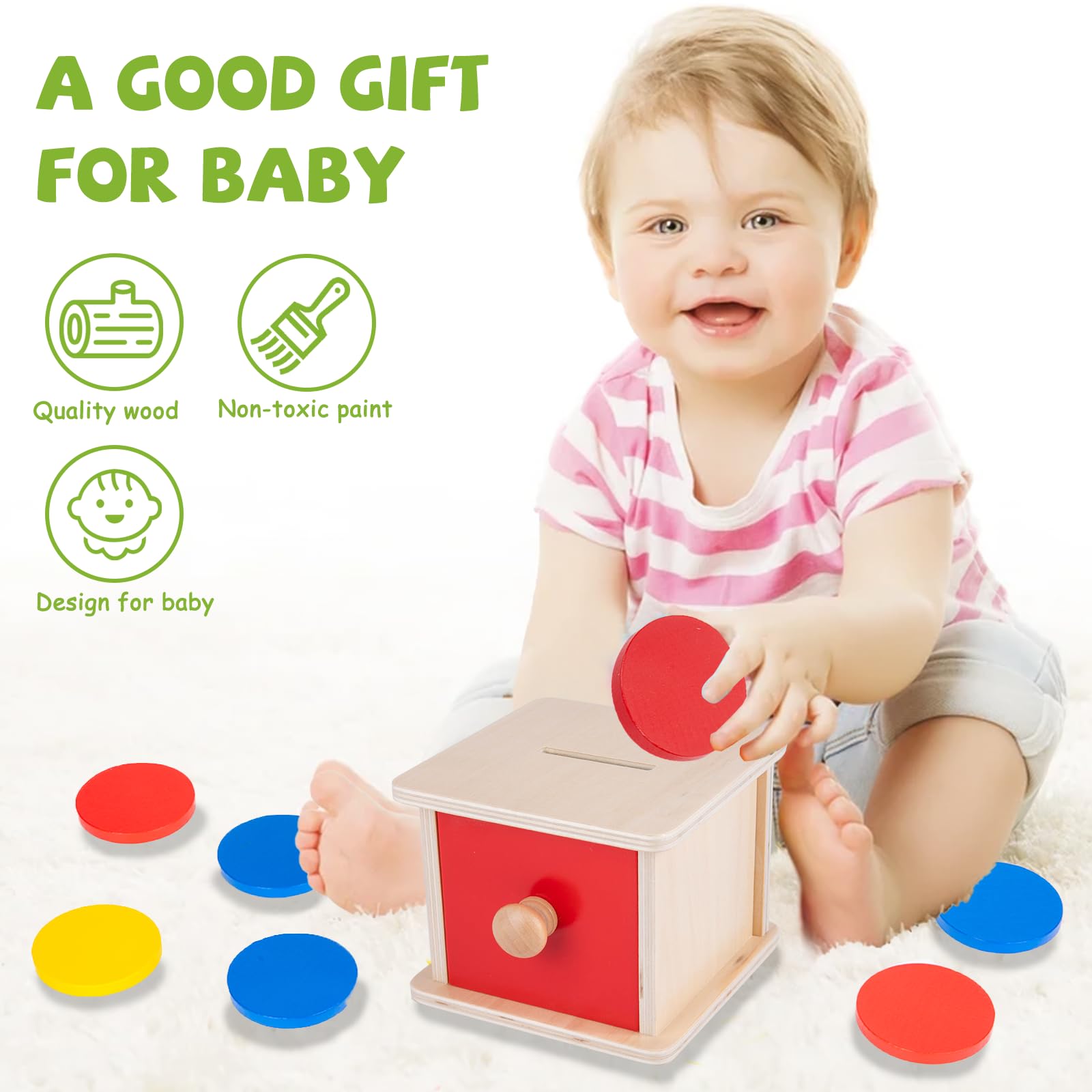 Adena Montessori Coin Lock Box - 2 in 1 Wooden Object Permanence Box with Coins for Babies 6-12 Months | Early Learning Toy for Problem Solving Skills | Perfect Gift for 1 Year Old Toddlers | Great for Montessori Classroom & Home Playtime