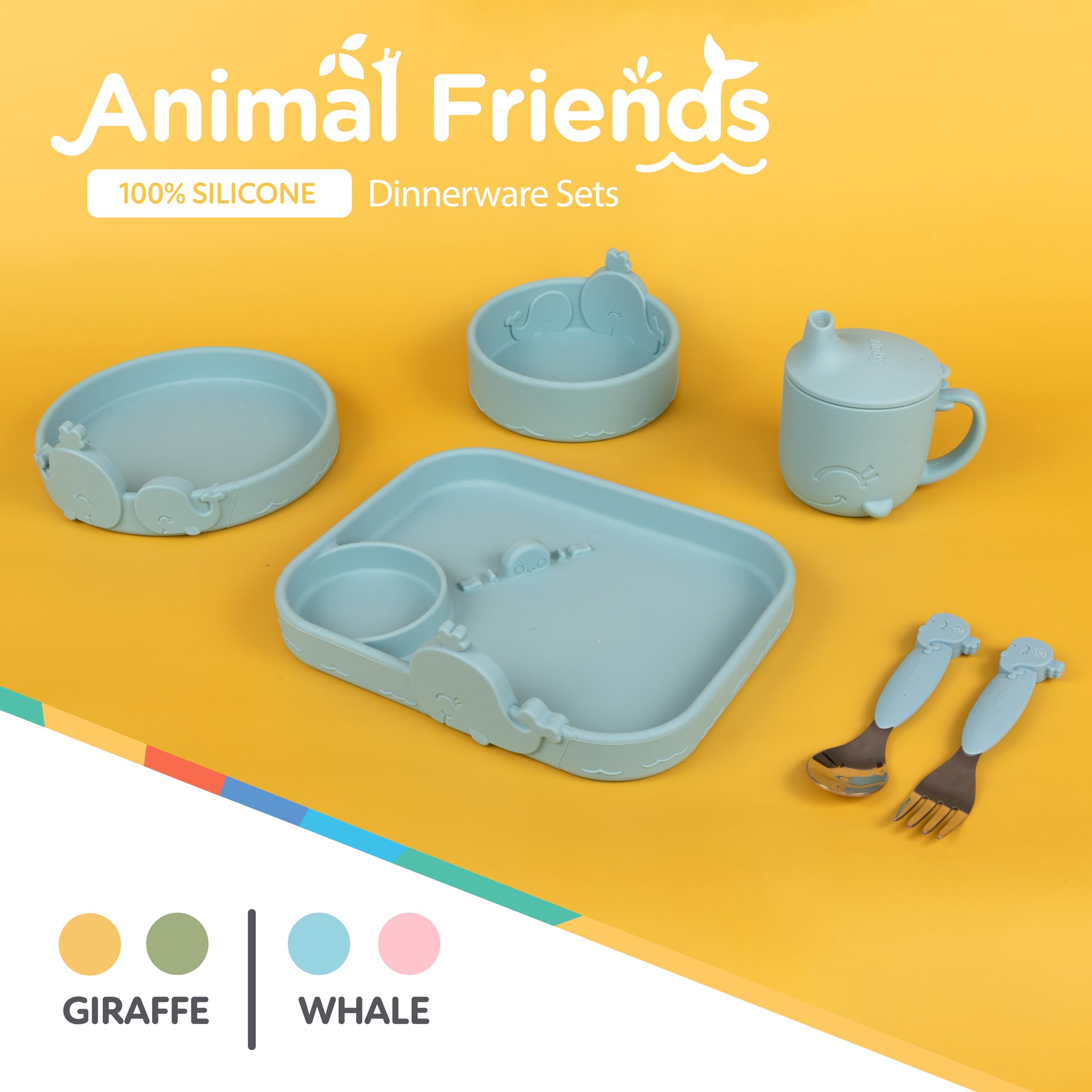 Nuby Silicone Toddler Bowl with Blue Whale Design - BPA-Free Baby Feeding Bowl for 6+ Months - Perfect for Snacks, Cereal & Puree - Dishwasher Safe & Non-Slip Base