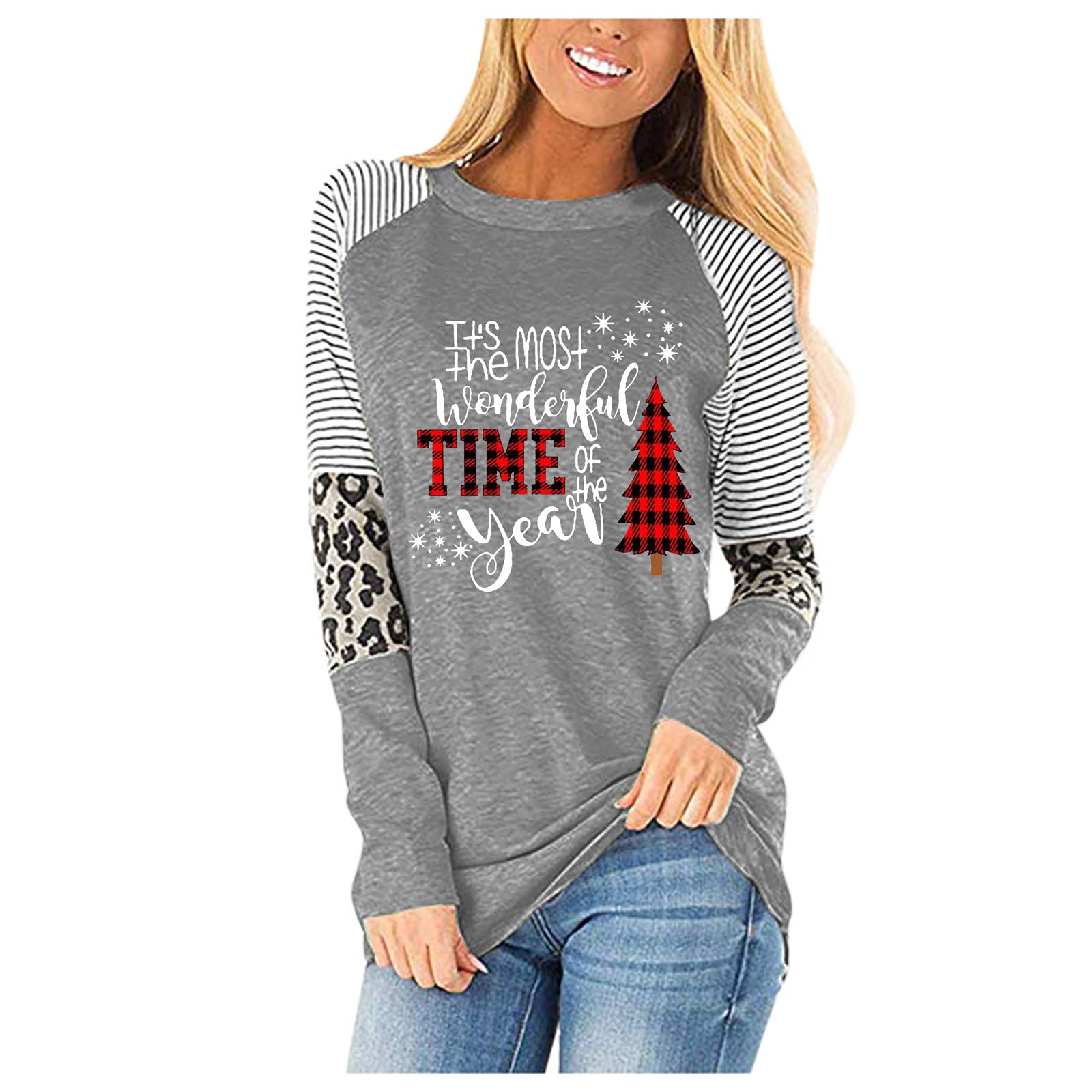 MVNSFEW Women's Long Sleeve T-Shirt - Casual Christmas Leopard Print Blouse with Spliced Design for Workout & Everyday Wear | Perfect for Gym, Office, and Holiday Outfits