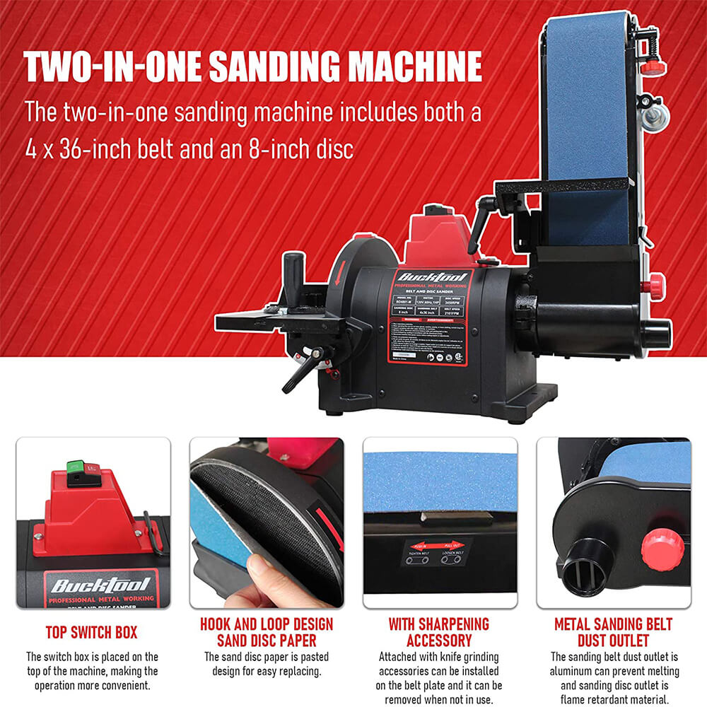 BUCKTOOL 4x36 Inch Belt Sander & 8 Inch Disc Sander BD4801 M - Professional Metal Sanding Machine for Woodworking, Metal Polishing, and DIY Projects