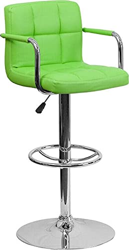 Adjustable Height Green Quilted Bar Stool with Arms & Chrome Base - Swivel Kitchen Island Stool for Counter, Breakfast Nook & Home Bar (Set of 2) - Perfect for Entertaining, Dining & Kitchen Decor