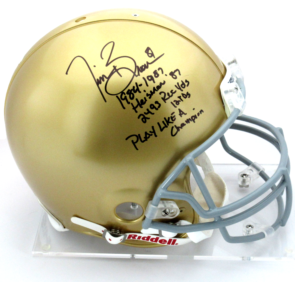 Tim Brown Autographed Notre Dame Fighting Irish Riddell Authentic NCAA Football Helmet with Career Stats - Signed Collectible Memorabilia for Sports Fans and Man Cave Decor