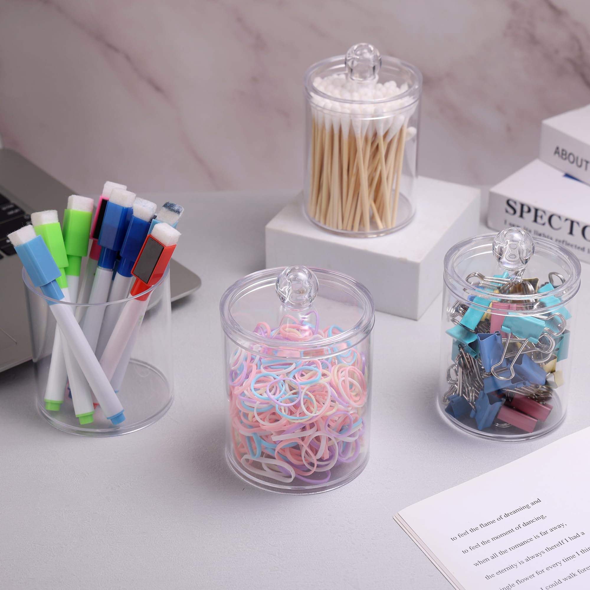 WEISHI 4-Pack Clear Plastic Apothecary Jars with Lids - Cotton Ball Holder, Q-Tip Dispenser, Swab & Round Pad Organizer for Bathroom Vanity Storage - Perfect for Makeup, Dental Floss, and Small Beauty Accessories Organization