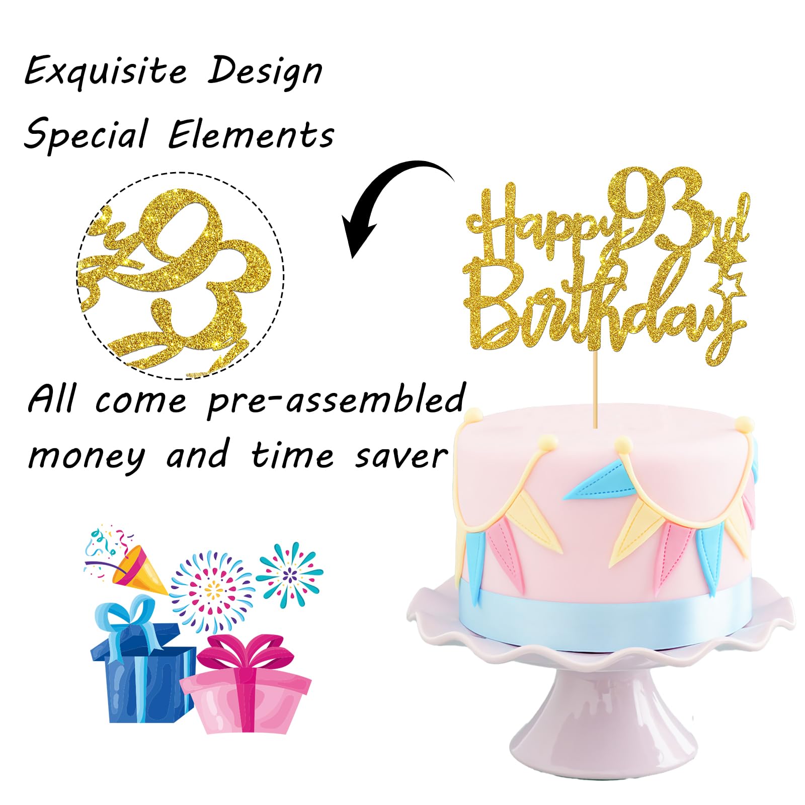 Gold Glitter Happy 93rd Birthday Cake Topper - 93 Sign Cake Decor - Cheers to 93 Years Party Supplies - 93rd Birthday Party Decorations for Women & Men - Perfect for Anniversary, Retirement & Milestone Celebrations