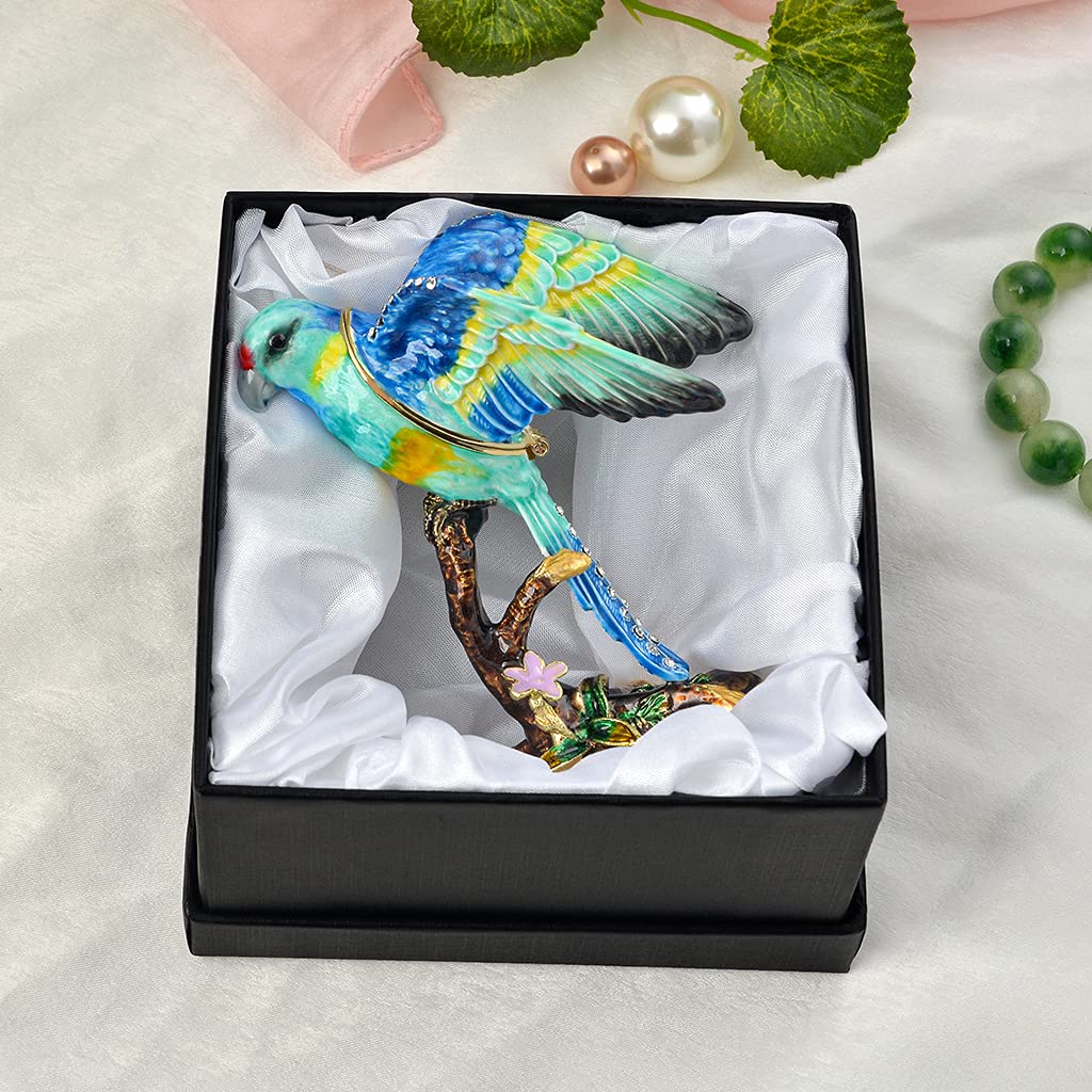 Exquisite Golden Crystal Enameled Parrot Jewelry Box - Hand-Painted Hinged Bird Trinket Case | Elegant Home Decor & Unique Gift for Bird Lovers | Perfect for Jewelry Storage, Display & Special Occasion Gifting