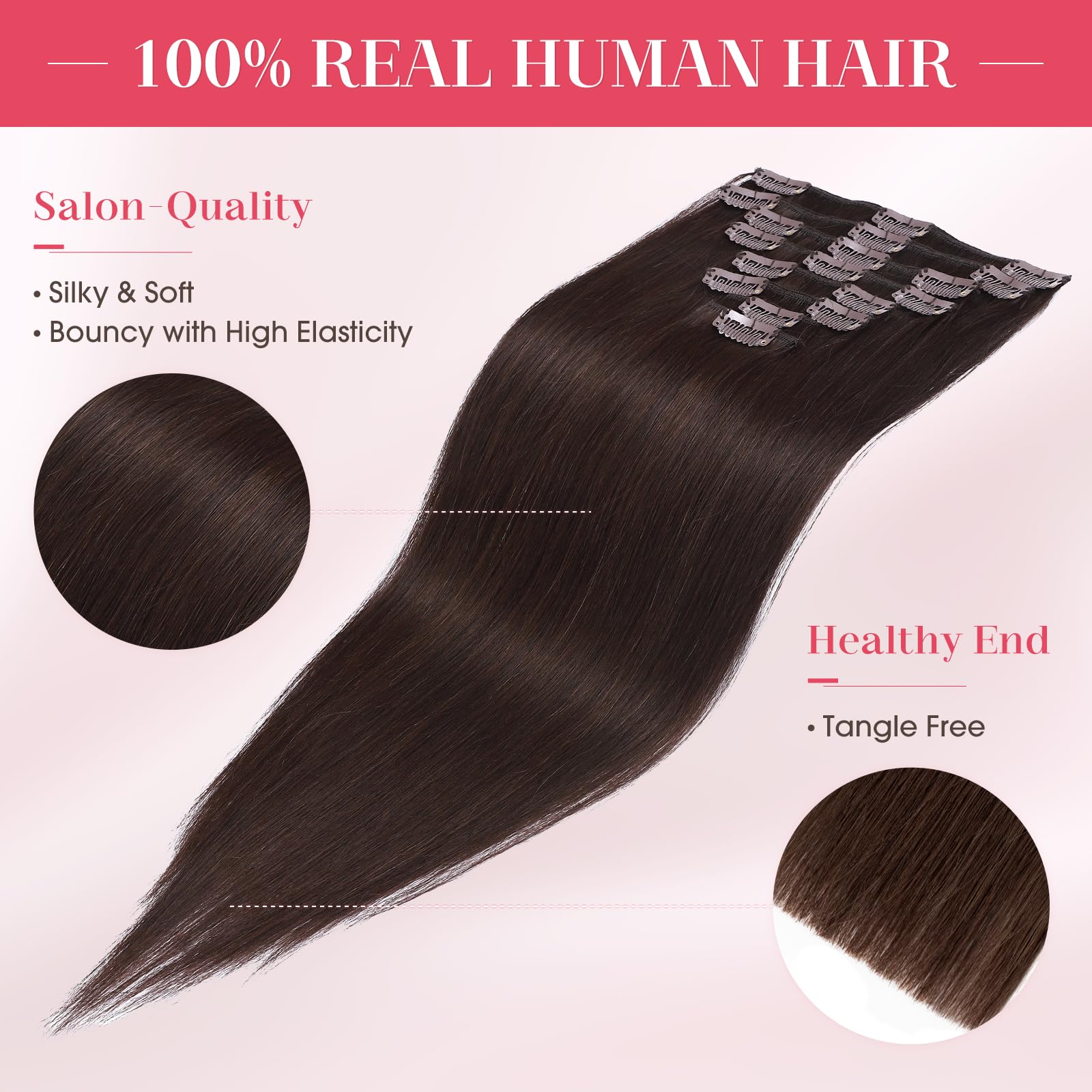 MY-LADY Clip In Hair Extensions 24 Inch - 8pcs 120g Real Human Remy Hair - #2 Dark Brown - Long Full Head Soft Natural Hair Extensions for Women - Perfect for Daily Wear, Parties & Special Occasions