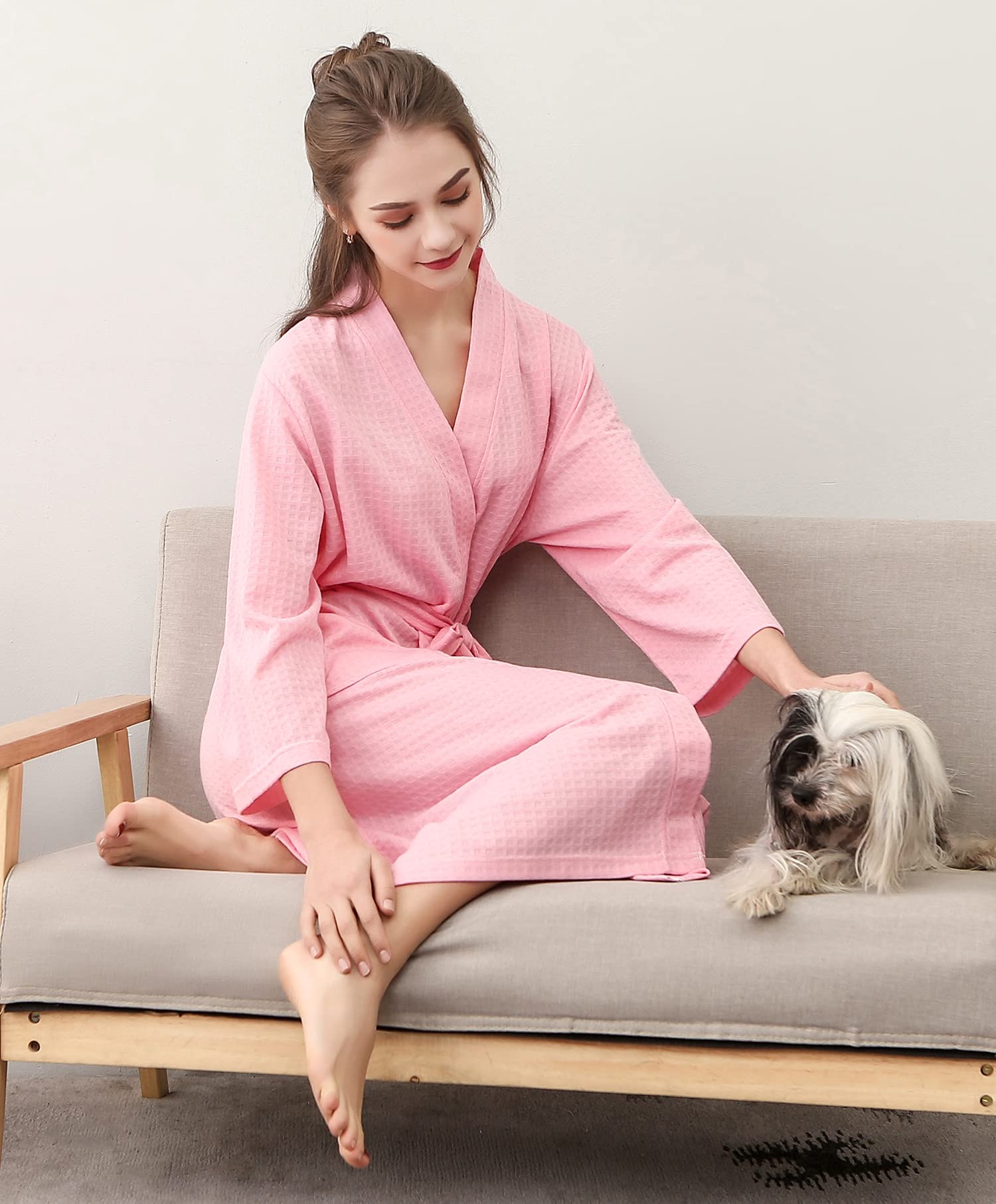Cromoncent Women's Knee Length Soft Lightweight Waffle Spa Robe Kimono Bathrobe - Unisex Cotton Loungewear for Home, Spa & Beach Relaxation