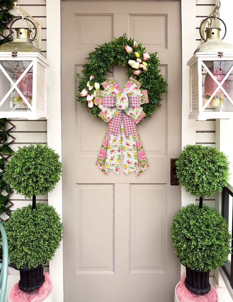 ALIBBON Large Spring Wreath Bows - Pink Buffalo Plaid Burlap for Indoor/Outdoor Decor
