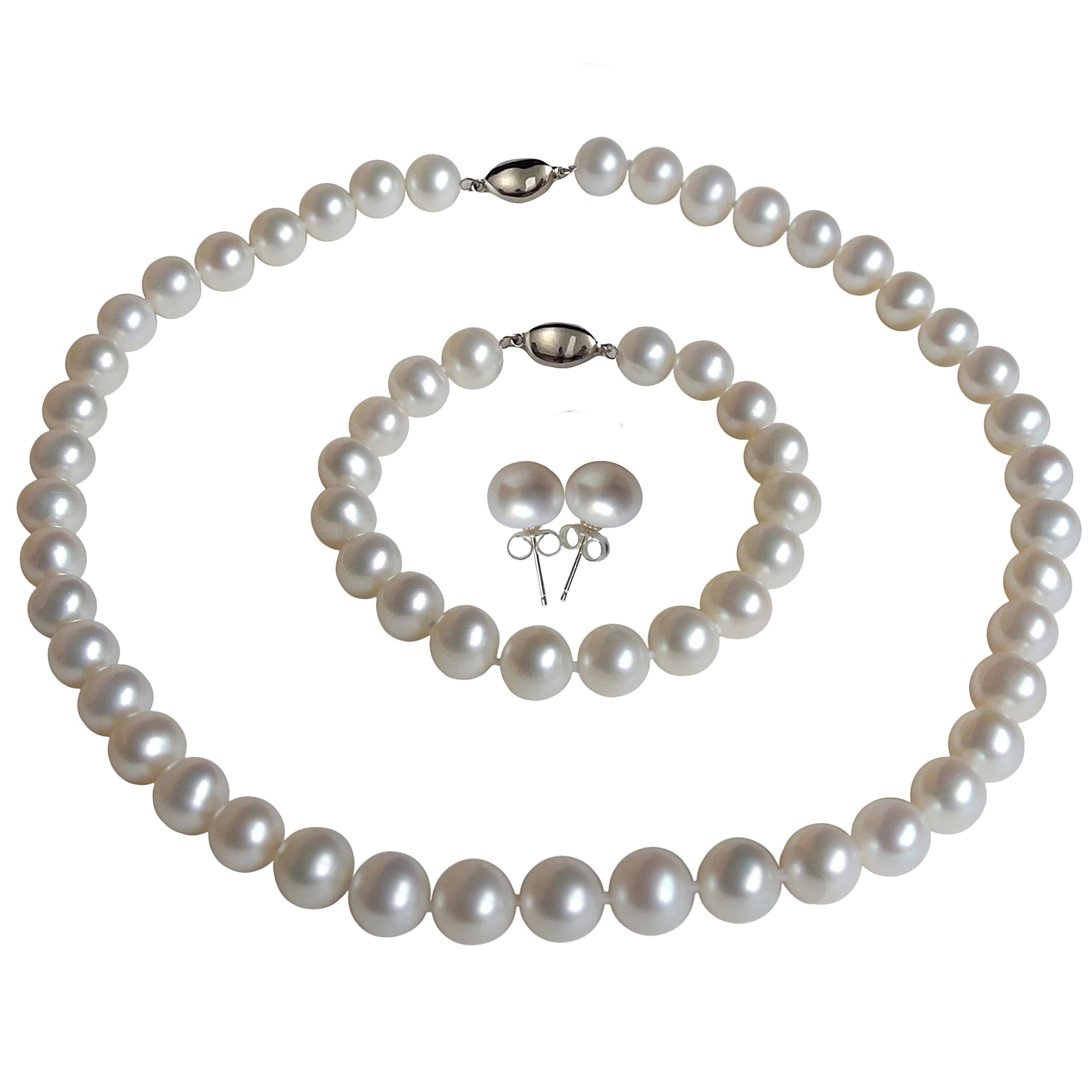 Pearl Romance II Round White Pearl Jewelry Set for Women - Necklace, Bracelet & Earrings 3-Piece Gift Set with Cultured Freshwater Pearls | Perfect for Christmas, Weddings, Anniversaries & Special Occasions