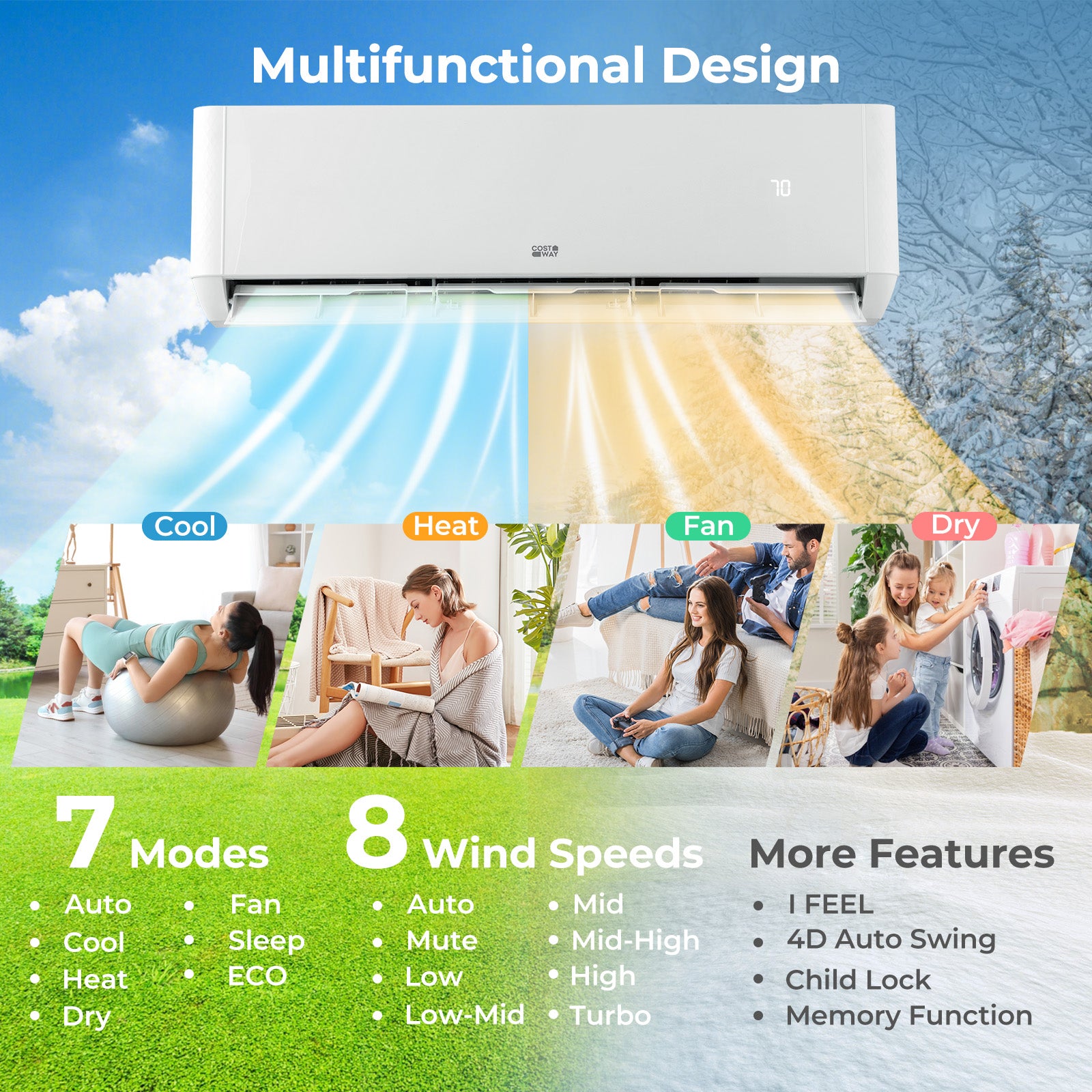 Costway 3 Zone Mini Split Air Conditioner 27000 BTU with Heat Pump | Greenforce Series 9K 18K BTU | Energy Efficient Cooling & Heating for Home, Office, and Small Business Spaces