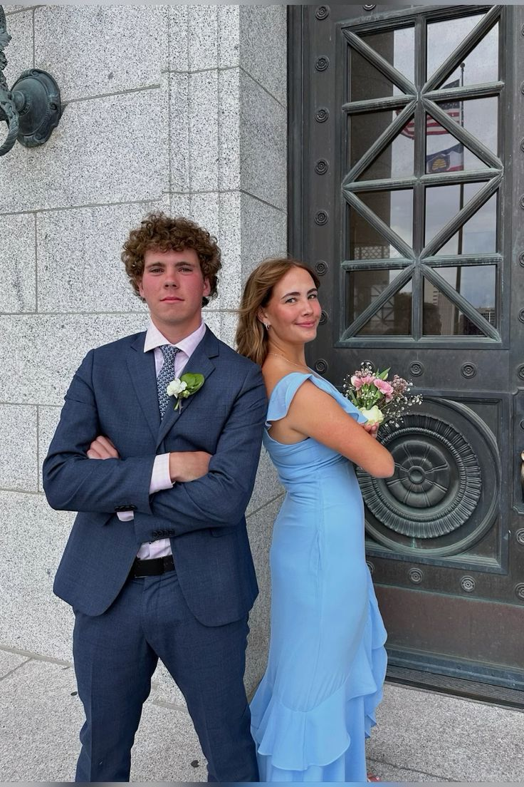Elegant Blue Chiffon Long Prom Dress with Ruffle Details - Formal Evening Gown for Homecoming, Ball & Special Occasions - Style J5490