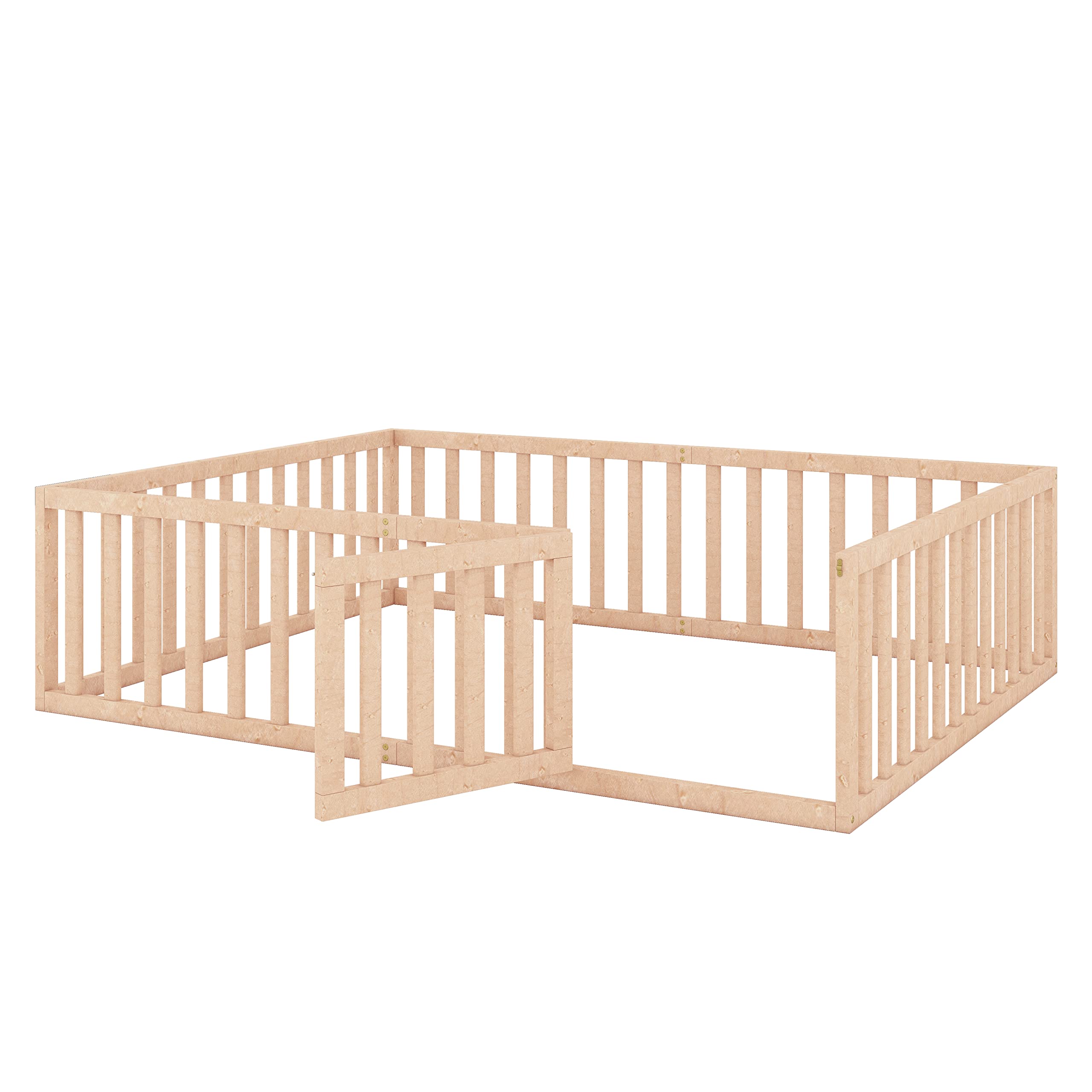 LZ LEISURE ZONE Solid Wood Queen Size Platform Bed Frame with Fence & Door - Sturdy Daybed for Bedroom, Guest Room, or Dorm - Natural Wood Finish
