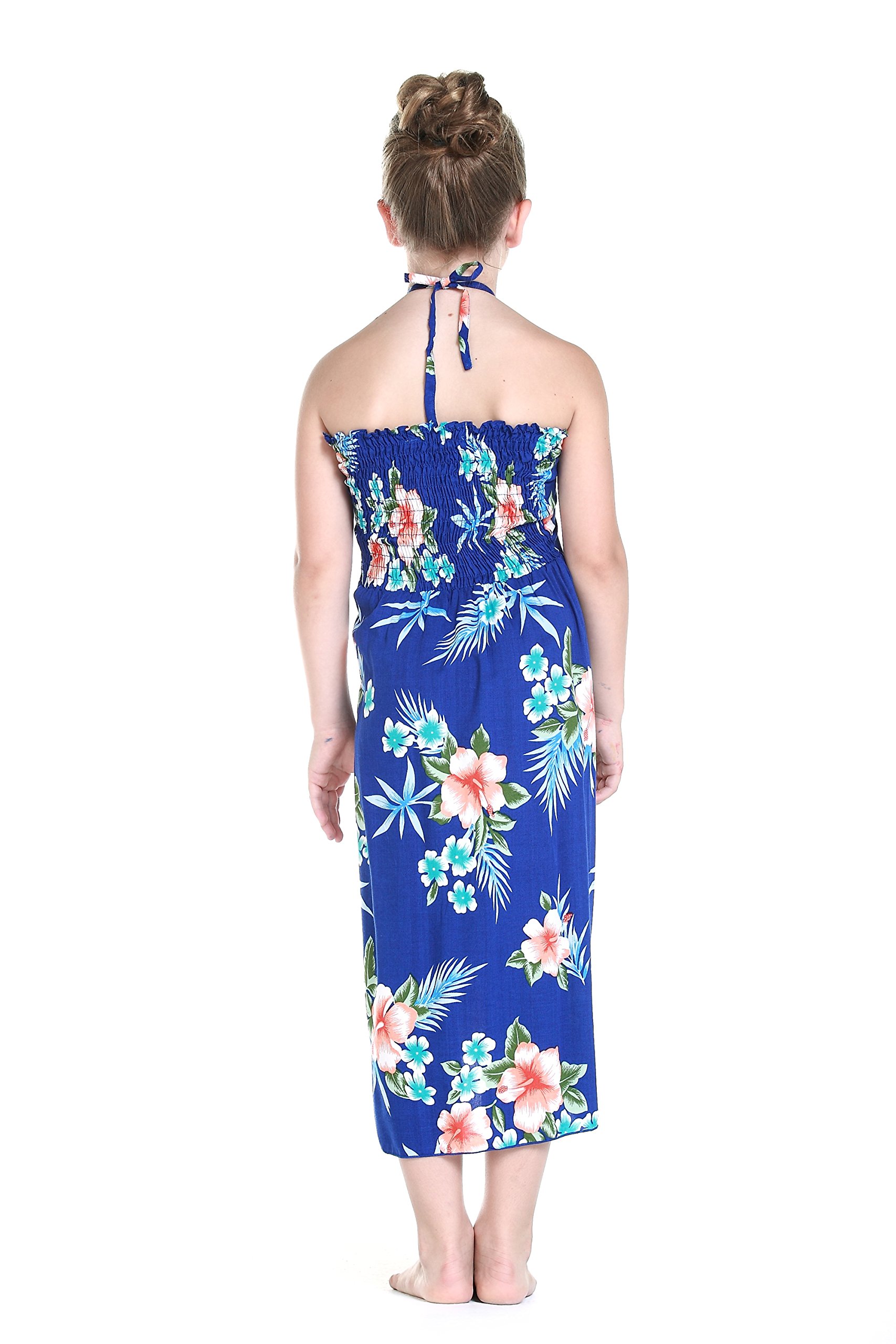 Hawaiian Luau Matching Mother Daughter Off-Shoulder Halter Dress - Floral Hibiscus Blue - Perfect for Beach Vacation, Family Photos & Summer Parties