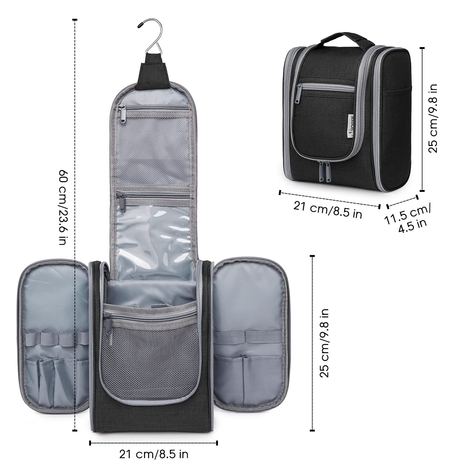 Narwey Small Hanging Travel Toiletry Bag - Waterproof Cosmetic Makeup Organizer for Women & Men - Perfect for Bathroom, Gym, Camping & Air Travel (Medium, Black)