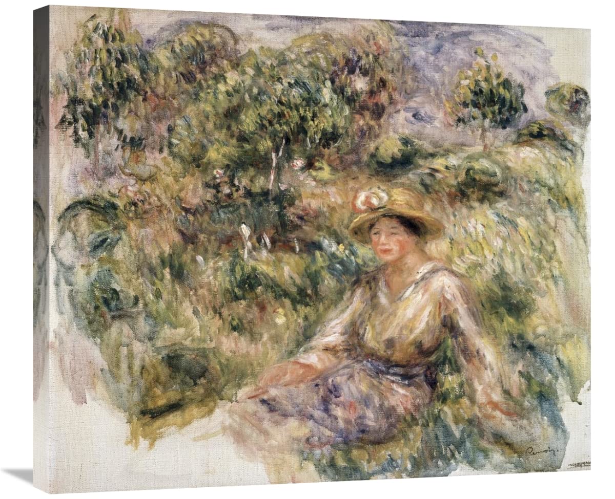 30 in. Woman in Blue Hat Sitting on The Grass Art Print by Pierre-Auguste Renoir - Vintage Oil Painting Reproduction, Wall Decor for Living Room, Bedroom & Office