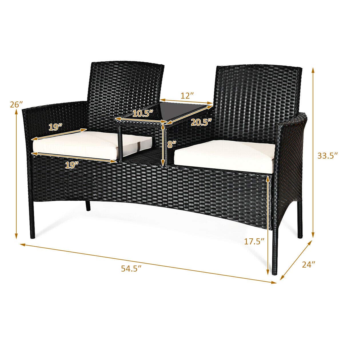 RELAX4LIFE Outdoor Rattan Wicker Conversation Set with Coffee Table & 2 Removable Cushion Chairs - Patio, Garden, Balcony Furniture for Relaxing - Loveseat in Black & Beige - Perfect for Backyard, Porch or Poolside Lounging