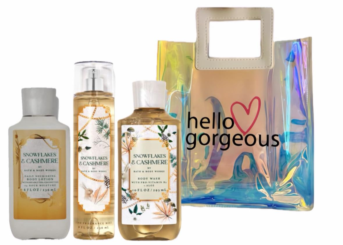 Bath & Body Works Snowflakes & Cashmere 3-Piece Gift Set - Body Spray, Lotion & Shower Gel (Full Size) with Hello Gorgeous Gift Bag - Winter Fragrance Collection for Women, Perfect Holiday Gift & Self-Care Routine