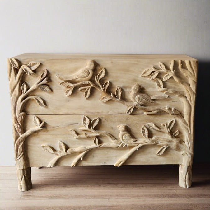 Hand Carved Solid Wooden Bird Dresser with Two Drawers - Vintage Ornithology Inspired Chest for Bedroom & Nursery Storage