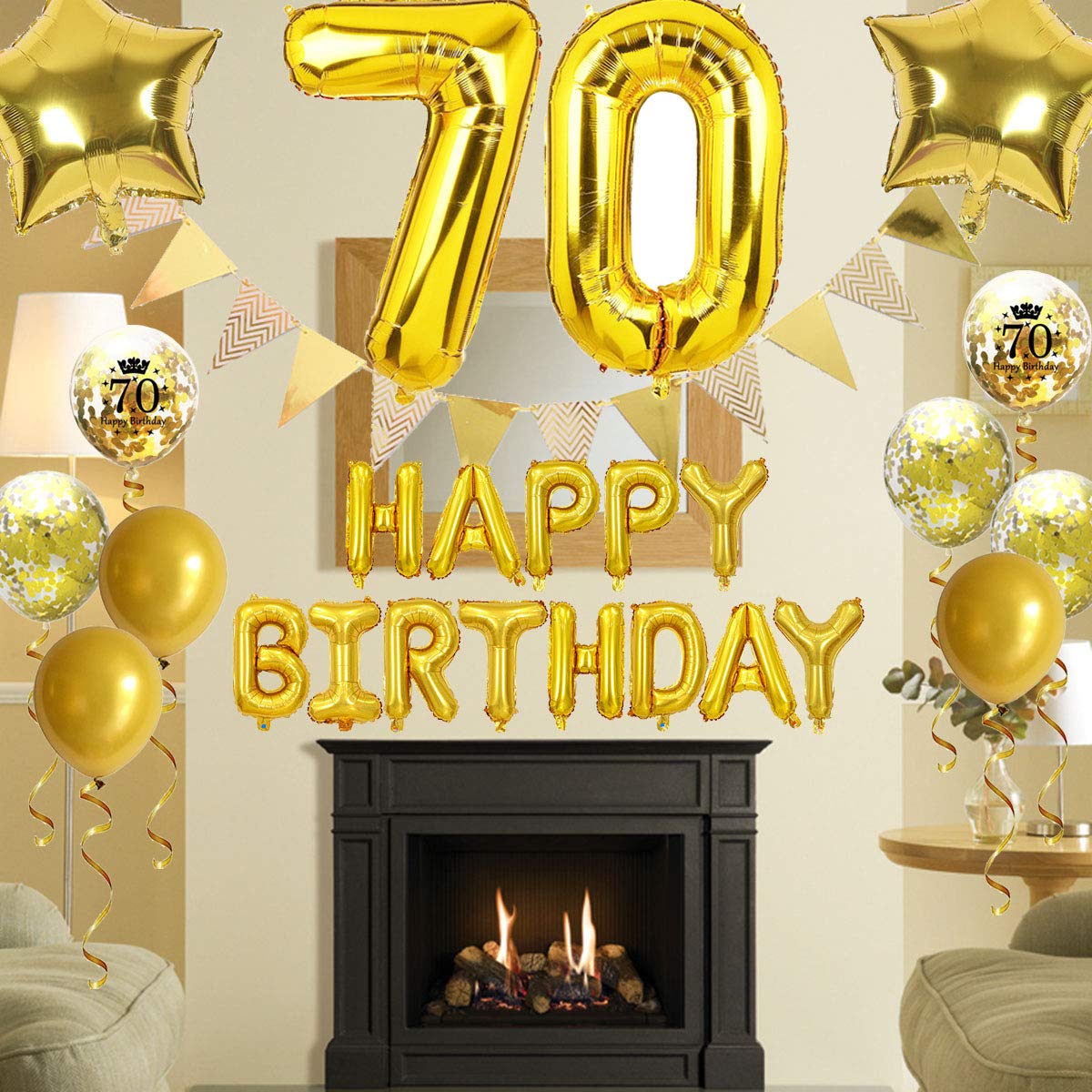70th Birthday Party Decorations Set - Gold Happy Birthday Letter Balloons, Pennant Banners, Star Foil & Confetti Balloons for Women & Men - Perfect for Mum/Dad's Milestone Celebration - Great for Home, Restaurant & Surprise Parties