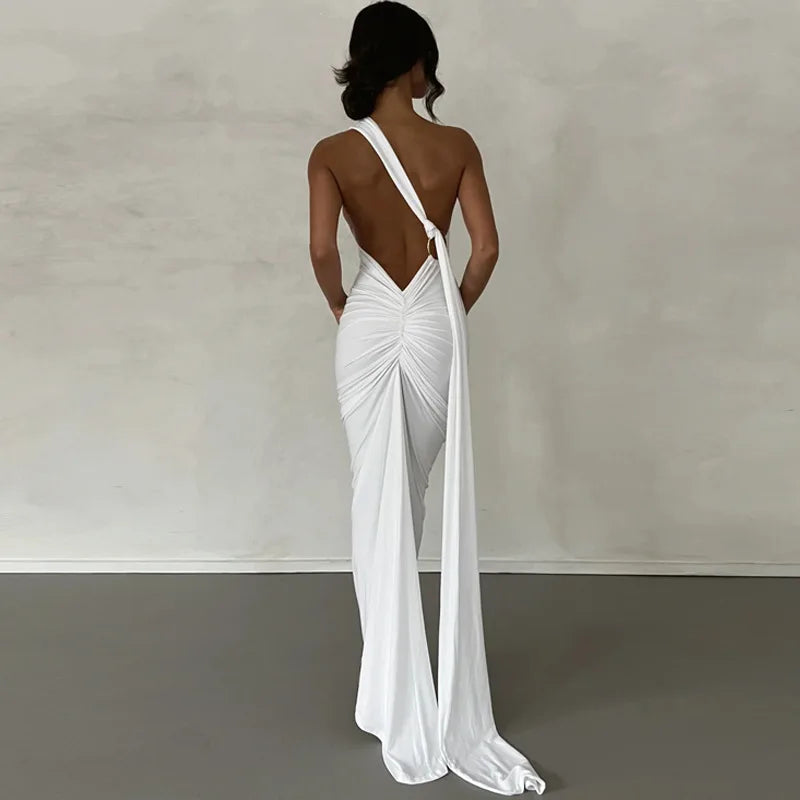 2023 New Fashion Elegant Maxi Dress for Women - Sexy One Shoulder Bodycon Slim Pleated Solid Backless Party Dress | Perfect for Club Nights, Evening Events & Special Occasions