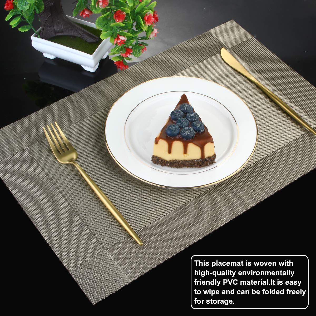 DACHUI Heat-Resistant PVC Placemats Set of 6 - Stain Proof, Non-Slip, Washable Vinyl Table Mats for Dining Room, Kitchen, Coffee Shop (Coffee-Cross Woven Design) - Perfect for Daily Meals, Parties & Restaurant Use