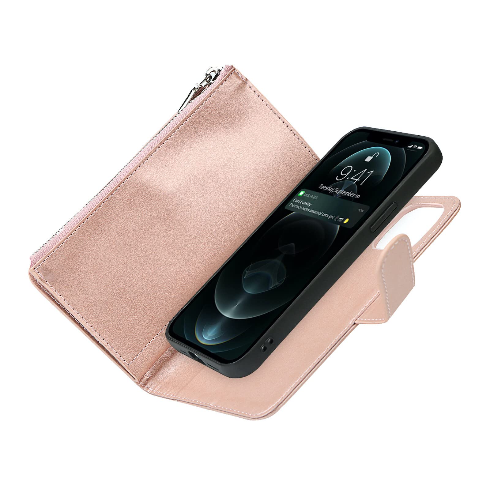ELTEKER Premium Leather 2-in-1 Detachable Wallet Case for iPhone 12 Pro Max - Zipper Flip Cover with 6 Card Slots, Cash Pocket & Kickstand (Rose Gold) | Perfect for Travel, Business & Everyday Use