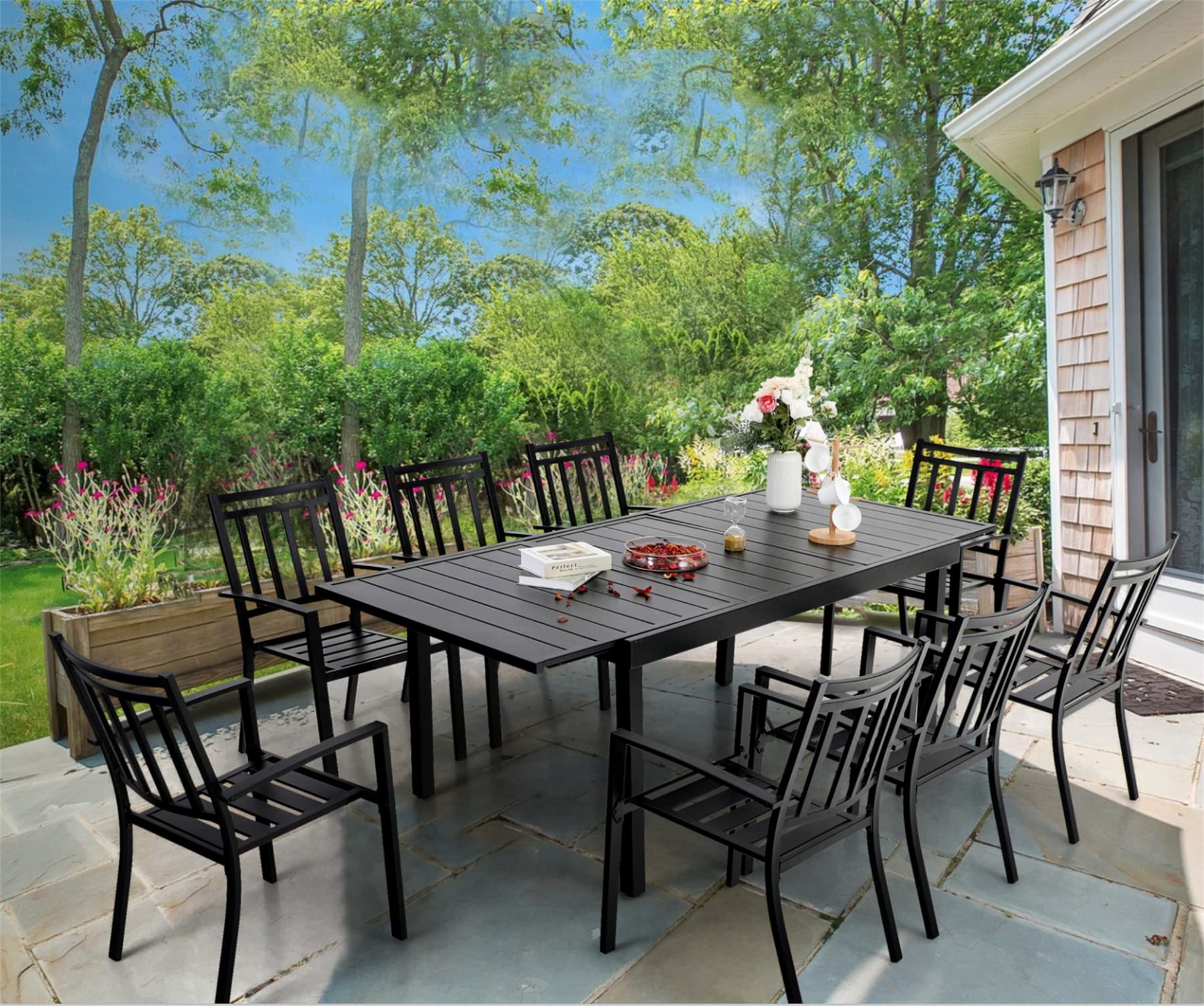Sophia & William 9-Piece Outdoor Dining Set with 8 Metal Chairs & 1 Expandable Rectangle Table - Modern Patio Furniture for Poolside, Porch, Backyard | Perfect for Outdoor Entertaining, BBQs, and Family Gatherings