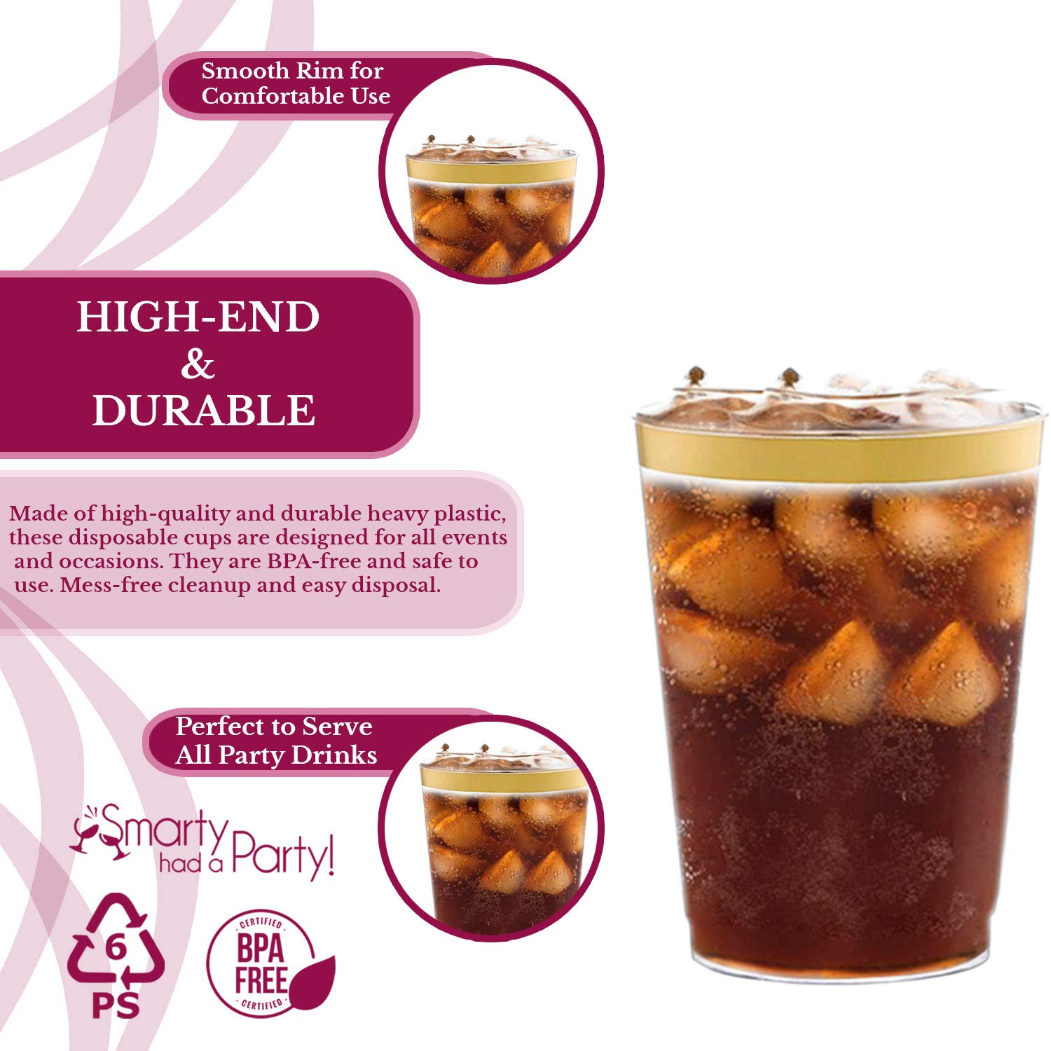 Smarty Had A Party 10 oz Clear Disposable Plastic Tumblers - Pack of 336 Elegant Gold Trim Cups for Cocktails, Iced Coffee, Smoothies, Parties & Events - Perfect for Weddings, Baby Showers & Office Gatherings