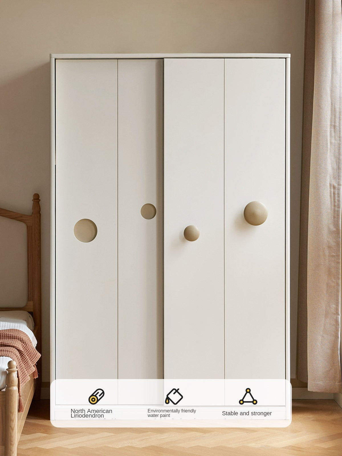 Birch Solid Wood Kids Wardrobe with Cream Sliding Doors - Durable & Stylish Storage for Bedrooms, Playrooms, and Nurseries