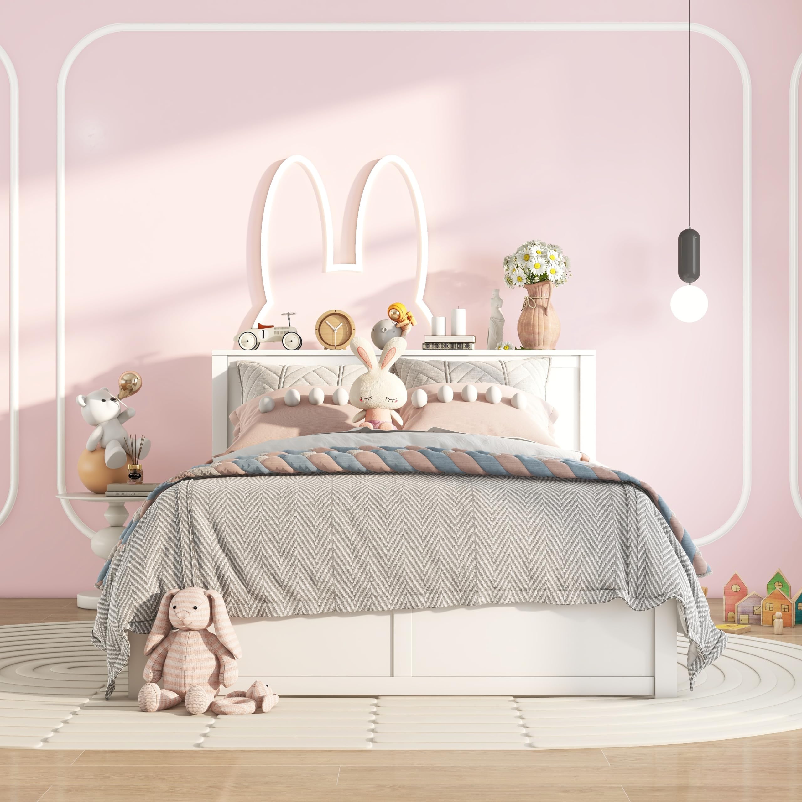 Queen Size Storage Bed with Trundle - Wooden Platform Bed Frame with Storage Shelves Headboard & Twin Trundle - White Wooden Queen Bed for Kids, Boys, Girls, Teens - Perfect for Small Bedrooms, Guest Rooms & Space-Saving Solutions