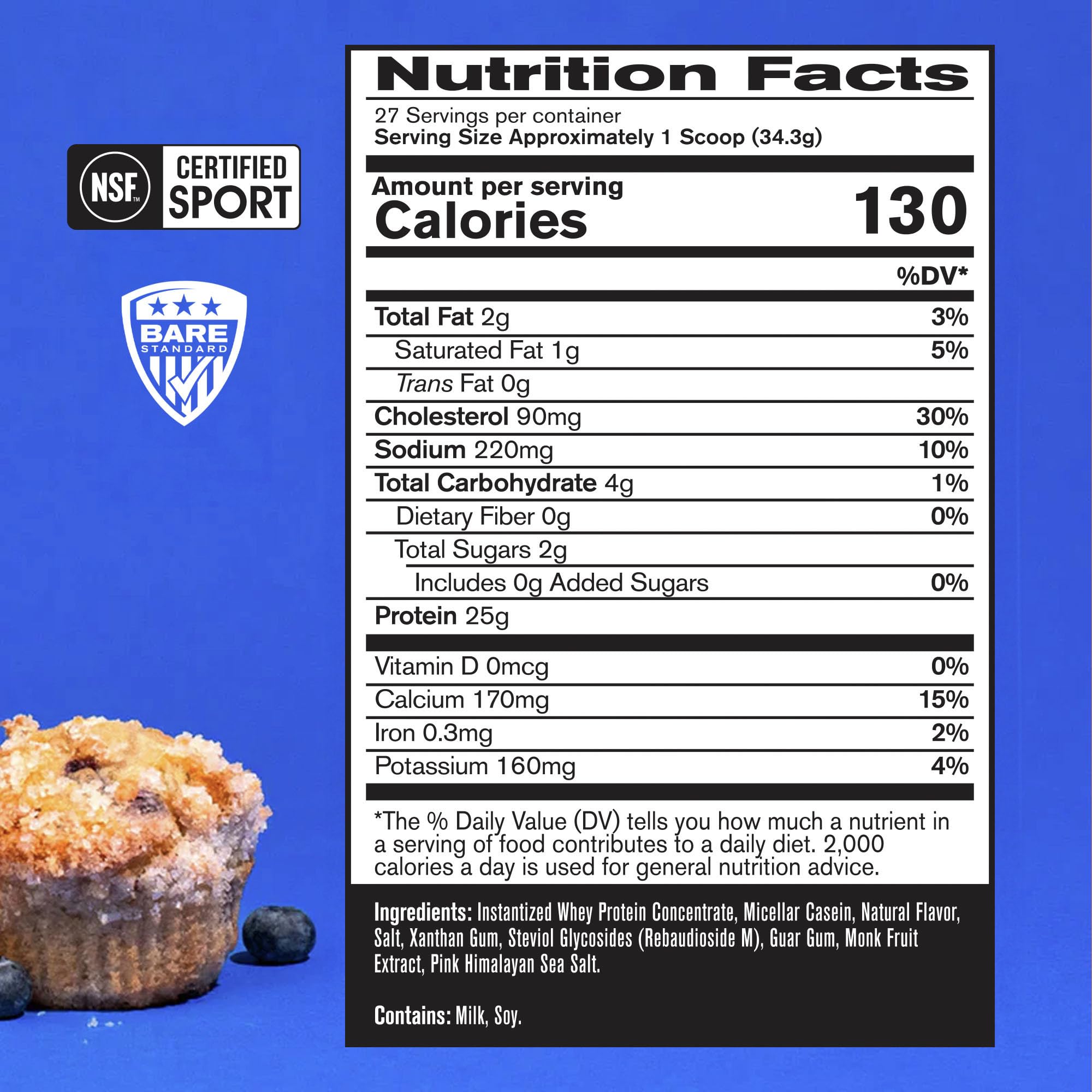 BPN Whey & Casein Protein Powder Blend - Blueberry Muffin Flavor, 25g Protein per Serving for Muscle Recovery, 27 Servings | Third Party Tested | Post-Workout & Breakfast Supplement for Athletes & Fitness Enthusiasts