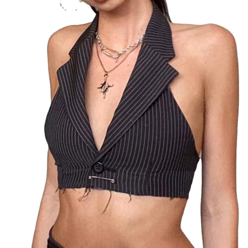 Women's Y2K Vintage Striped Halter Crop Top - 90s Retro Aesthetic Suit Collar Camisole & Tube Top | Perfect for Casual Outfits, Summer Parties & Streetwear Fashion