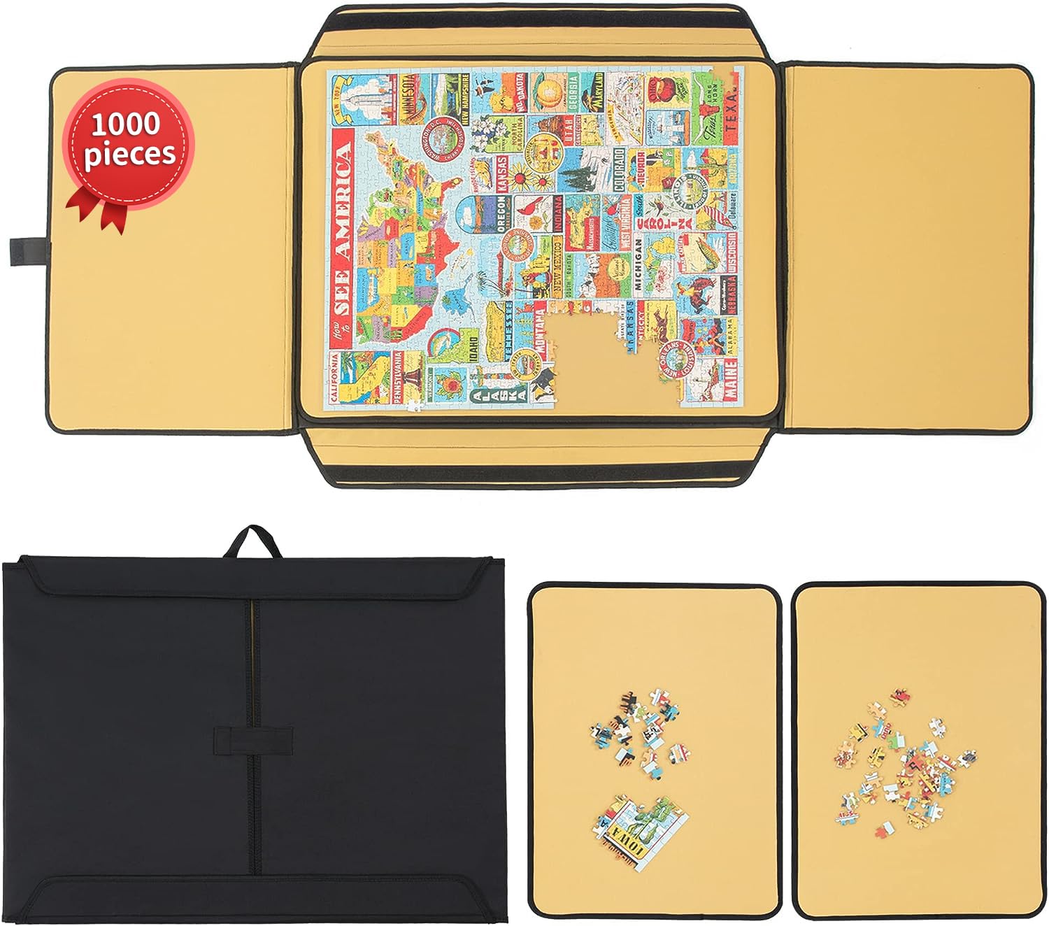 1000 Piece Jigsaw Puzzle Carry Case - Portable Puzzle Mat with Non-Slip Flannel Surface, Sorting Trays & Table Board Caddy - Heavy Duty Double Stitched Storage Solution for Adults & Kids - Perfect for Travel, Home, and Puzzle Parties
