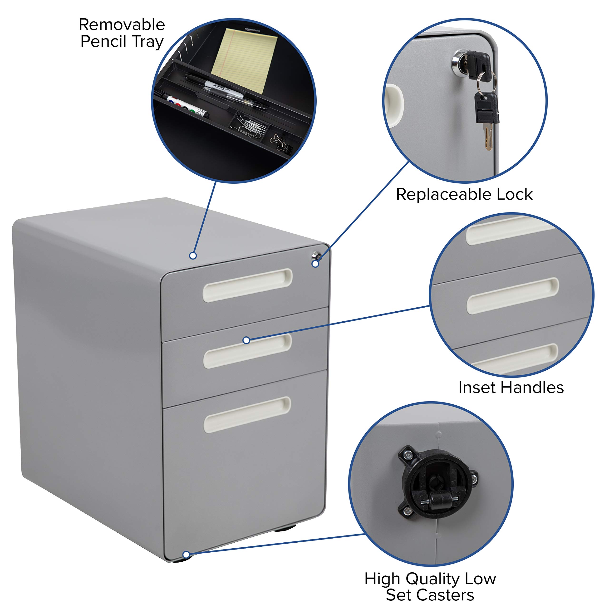 EMMA + OLIVER 3-Drawer Mobile Locking File Cabinet - Ergonomic Office Storage Organizer with Wheels, Gray - Perfect for Home Office, Classroom & Small Business Document Organization
