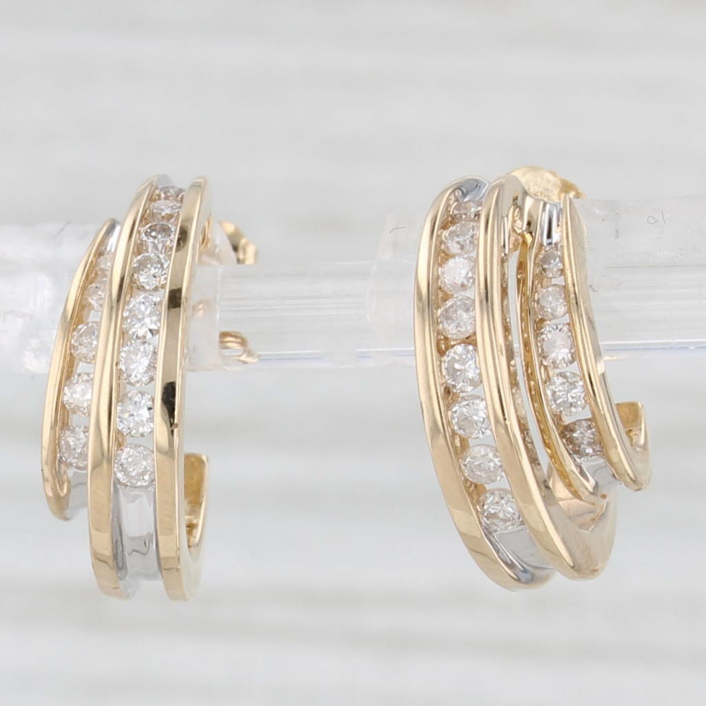 0.48ctw Diamond J Hook Double Hoop Earrings 14k Yellow Gold - Small Drop Dangle Earrings for Women - Perfect for Weddings, Parties & Everyday Wear