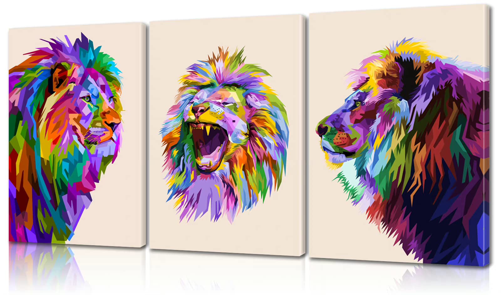 3 Piece Colorful Lion Canvas Wall Art - Lion Decor, Animal Paintings for Bedroom, Living Room, Nursery - 24''W x 36''H (Set of 3)