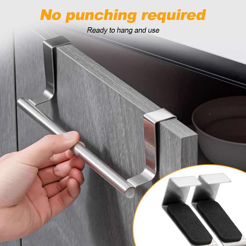 No-Drill Over The Cabinet Towel Holder - 2024 New Silver Dish Towel Rack (2 Pack) for Kitchen, Bathroom & Pantry - Fits All Standard Cabinets & Doors Up to 0.8