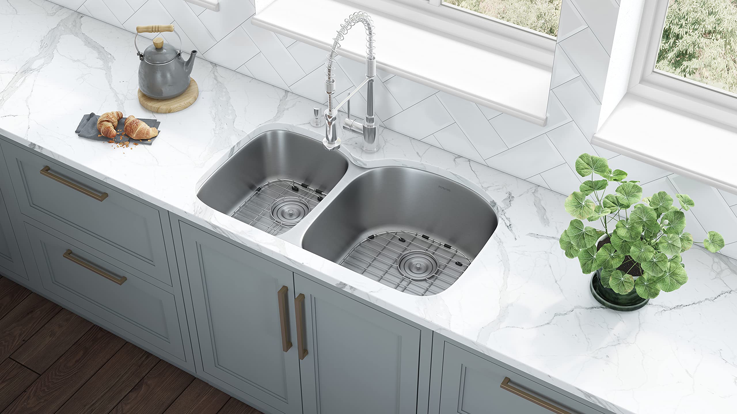 Ruvati RVM4605 34-Inch Undermount Double Bowl Kitchen Sink - 16 Gauge Stainless Steel for Modern Home & Restaurant Use