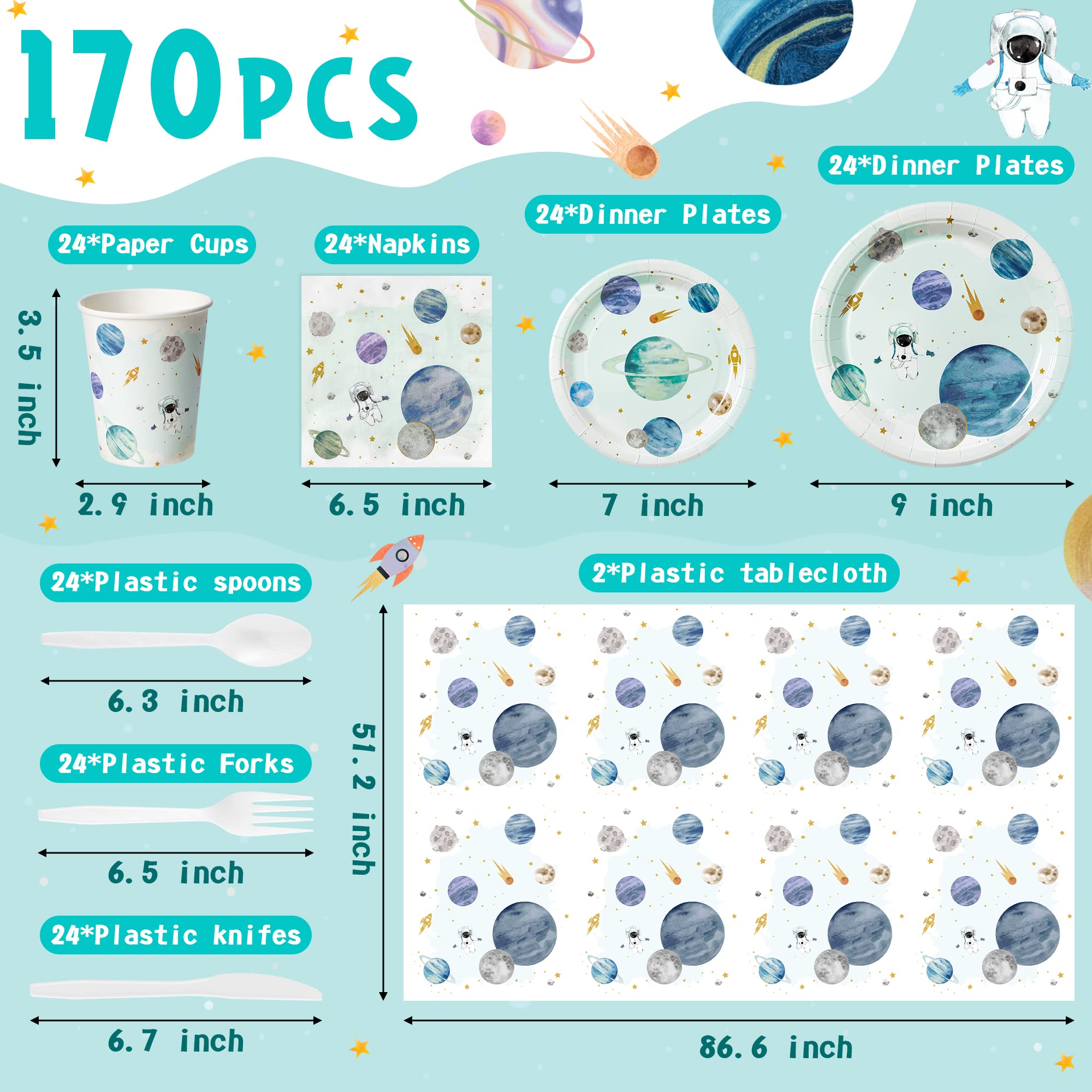 WATINC 170pcs Outer Space Birthday Party Supplies - Solar System Themed Tableware Set with Plates, Napkins, Forks, Cups, Spoons, Knives & Tablecloths for First Trip Around the Sun Celebration | Perfect for Kids Space Themed Birthday Parties, Baby Showers & Cosmic Decorations