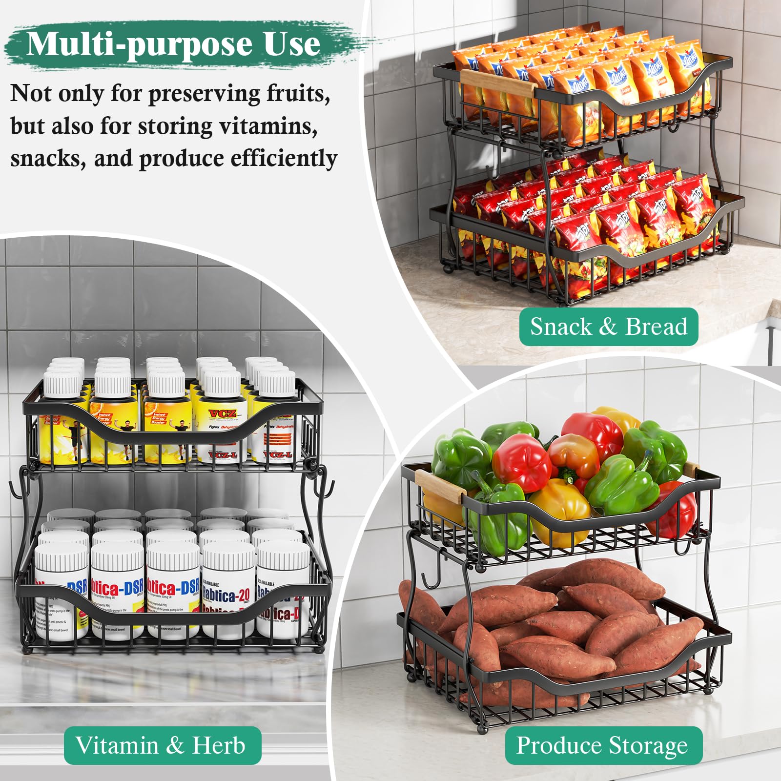 2-Tier Fruit Basket with Banana Hangers - Wall Mount & Countertop Kitchen Organizer for Fruits, Vegetables, Potatoes, Onions, Bread & Snacks | Space-Saving Storage Solution for Small Kitchens & Pantries