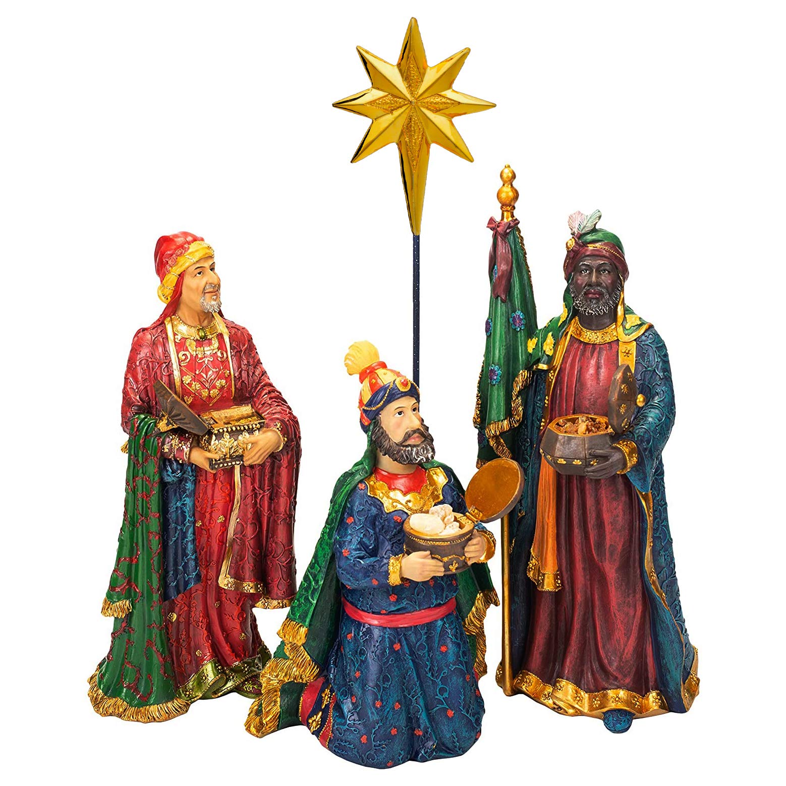 Three Kings Gifts Nativity Set - 4-Piece Polystone Wise Men & Christmas Star Figurines with Flat Bottom Base for Stability | Perfect for Home Decor, Christmas Displays & 12-Inch Scale Collections | Ideal for Holiday Tabletop Decorations & Nativity Scene Displays