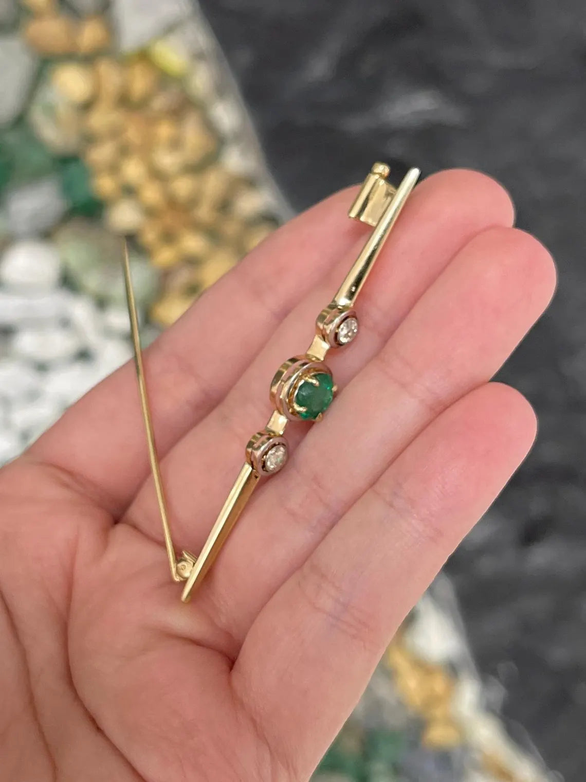 1.65tcw Natural Emerald Diamond Vintage Three Stone Antique Brooch Pin - Elegant Jewelry for Weddings, Parties & Special Occasions