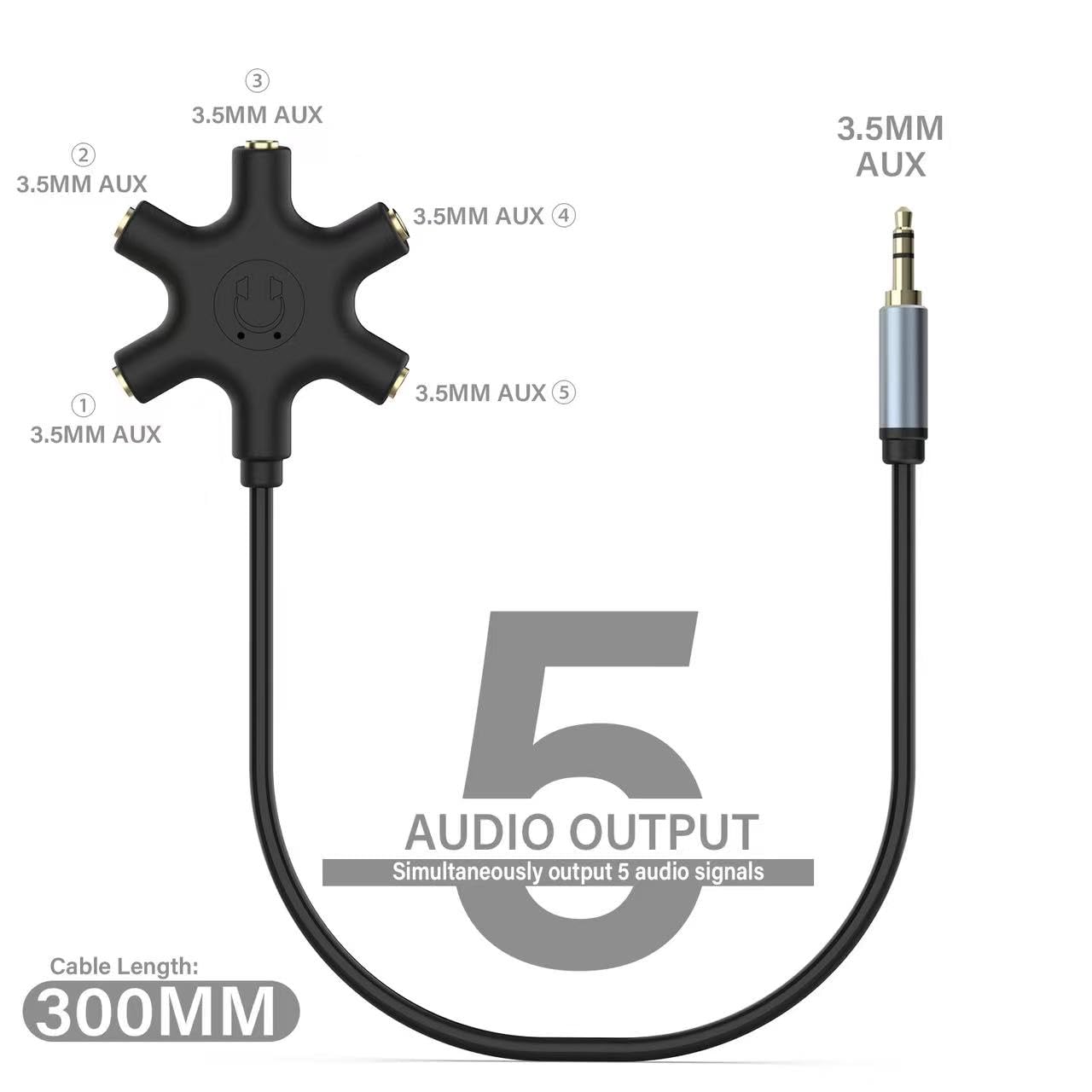 5-Way 3.5mm Headphone Audio Splitter - Multi Device Stereo Headset Adapter for iPhone, iPad, Gaming & Music Sharing - Perfect for Group Listening, Podcasts & Classroom Use