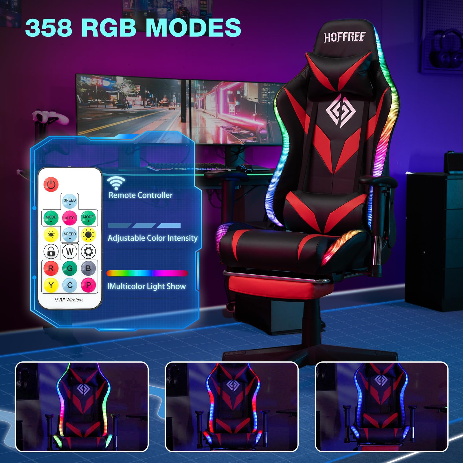 HOFFREE RGB Gaming Chair with Bluetooth Speakers, Massage & LED Lights - Ergonomic Racing Gamer Chair with Footrest, High Back Computer Desk Chair for PC Gaming (Red & Black) - Perfect for Esports, Streaming & Home Office Setup