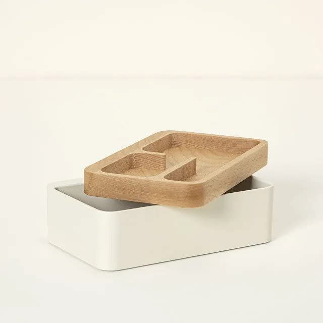 Revov Magnetic Rotating Wooden Tray Box - Premium EDC Valet Organizer with Authentic Wood Lid for Office Desk, Home & Travel Use - Stylish White Storage Solution for Keys, Wallets & Small Essentials