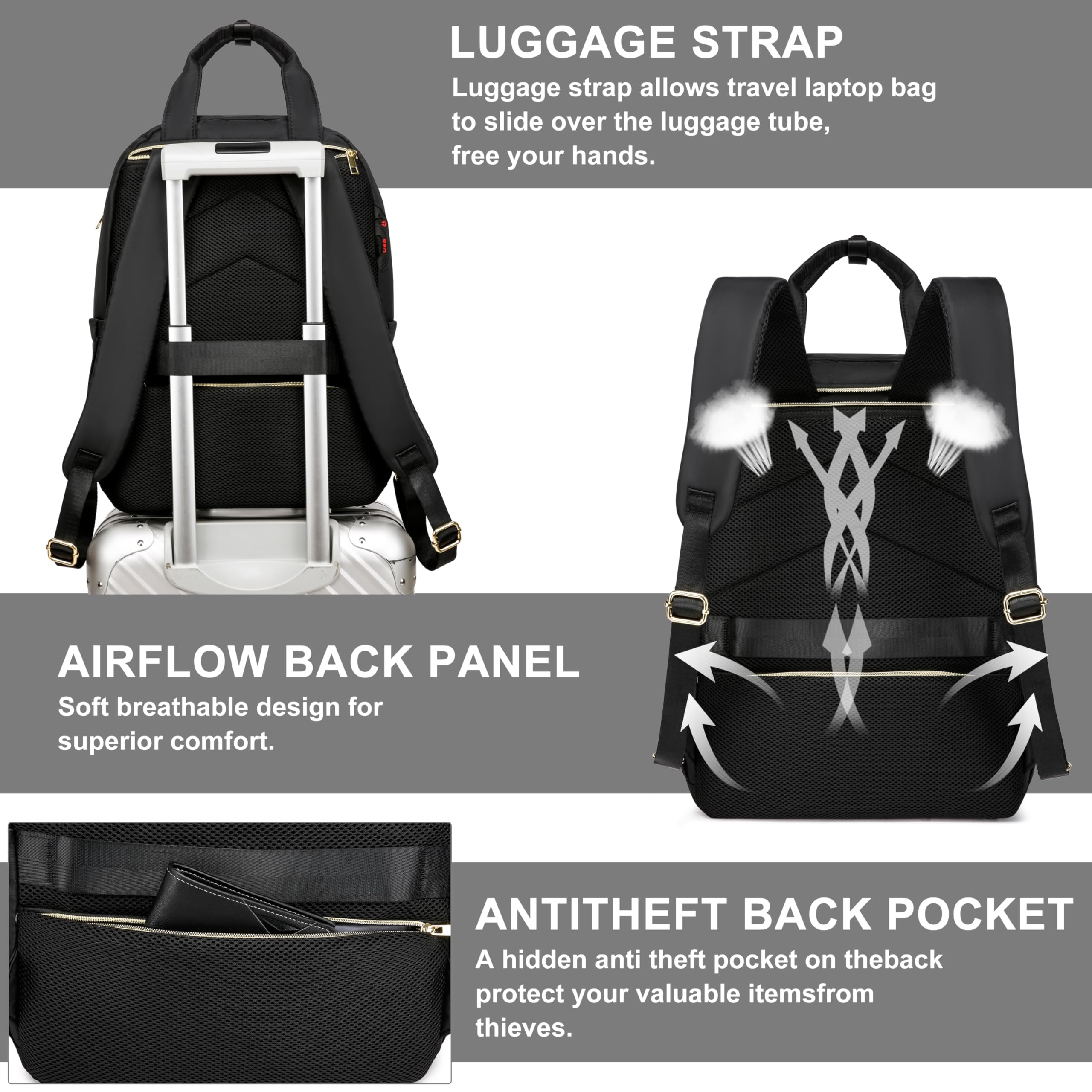 CAFELE Women's Convertible Backpack with USB Charging Port - 17.3 Inch Anti-Theft Laptop Backpack for College, Work & Travel | Stylish Shoulder Purse & Business Bag (Quilted Black) - Perfect for Commuting, Office, School, Campus Life & Daily Use | Great for Professionals, Students & Teachers | Ideal for Business Meetings, Coffee Shops, Air Travel & Urban Lifestyle