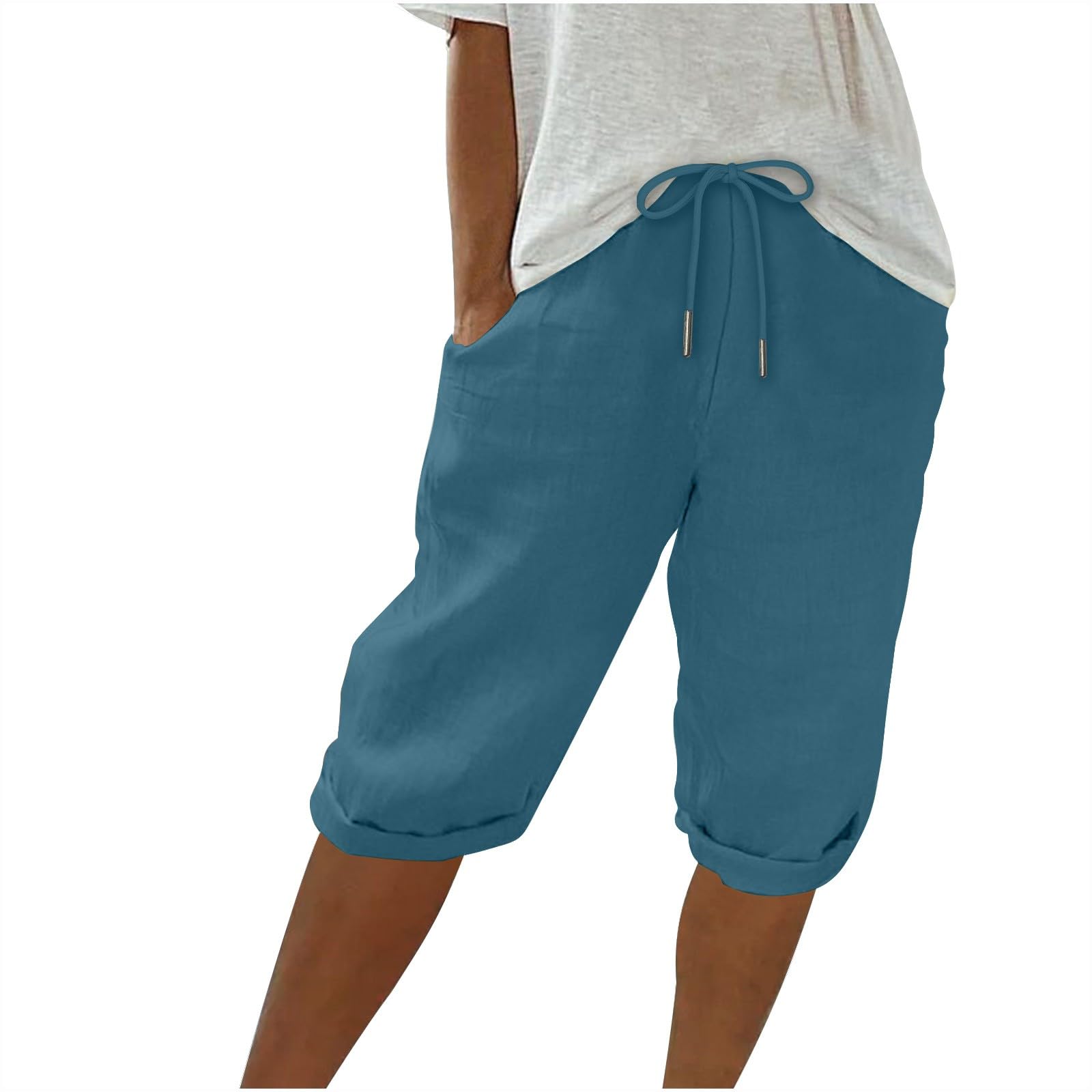 Women's Linen Bermuda Shorts - High Waisted Summer Shorts with Pockets for Beach & Lounge