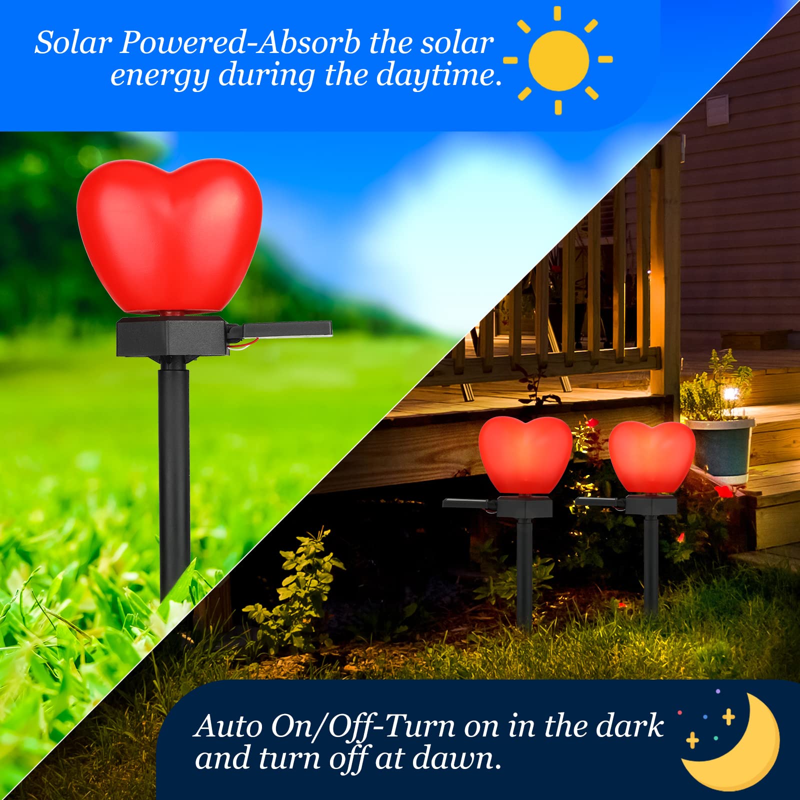 Hortsun 2 Pack Valentine's Day Solar Stake Lights - Red Heart Waterproof LED Garden Lights for Landscape, Warm White Solar Pathway Lighting for Patio, Lawn, Walkway - Perfect for Romantic Outdoor Decor & Evening Ambiance